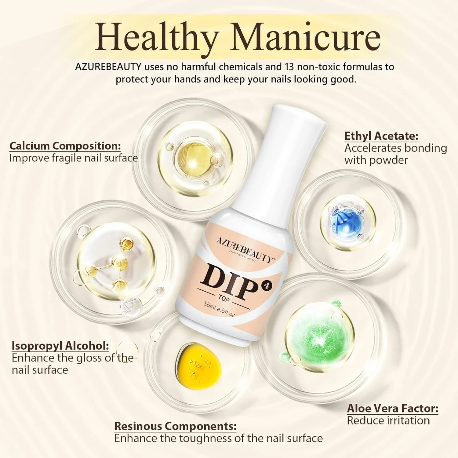 لاک تاپ کت پودر دیپینگ AZUREBEAUTY، 15 میلی لیتر، برای ست پودر دیپ ناخن، طراحی ناخن فرانسوی، مانیکور، مناسب مبتدیان، استفاده شخصی و سالن