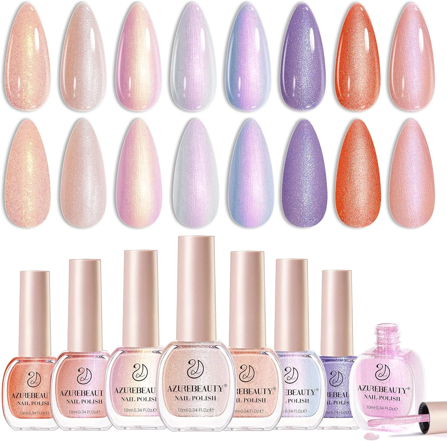 مجموعه لاک ناخن وگان AZUREBEAUTY با 8 رنگ روشن، صدفی، مرجانی، اکلیلی، نارنجی، بنفش، یاسی، خشک شدن سریع، مناسب برای خانم ها، مانیکور، طراحی ناخن، DIY