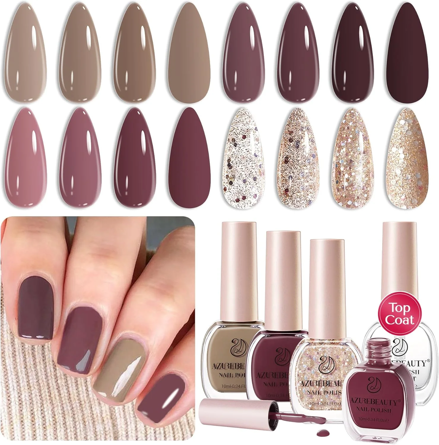 مجموعه لاک ناخن آزور بیوتی، ۴ رنگ بنفش مات و اکلیلی، لاک ناخن خشک‌شونده سریع، مناسب طراحی ناخن در خانه و سالن