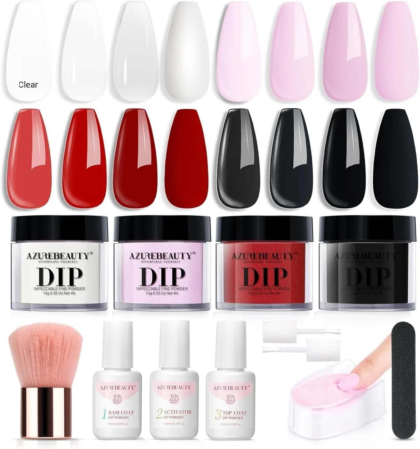 ست پودر کاشت ناخن AZUREBEAUTY، شامل ۴ رنگ صورتی، قرمز، مشکی و شفاف، ست مایع سیستم پودر دیپینگ، سینی بازیافت، بیس کت و تاپ کت و فعال کننده، ست مانیکور، هدیه روز ولنتاین.