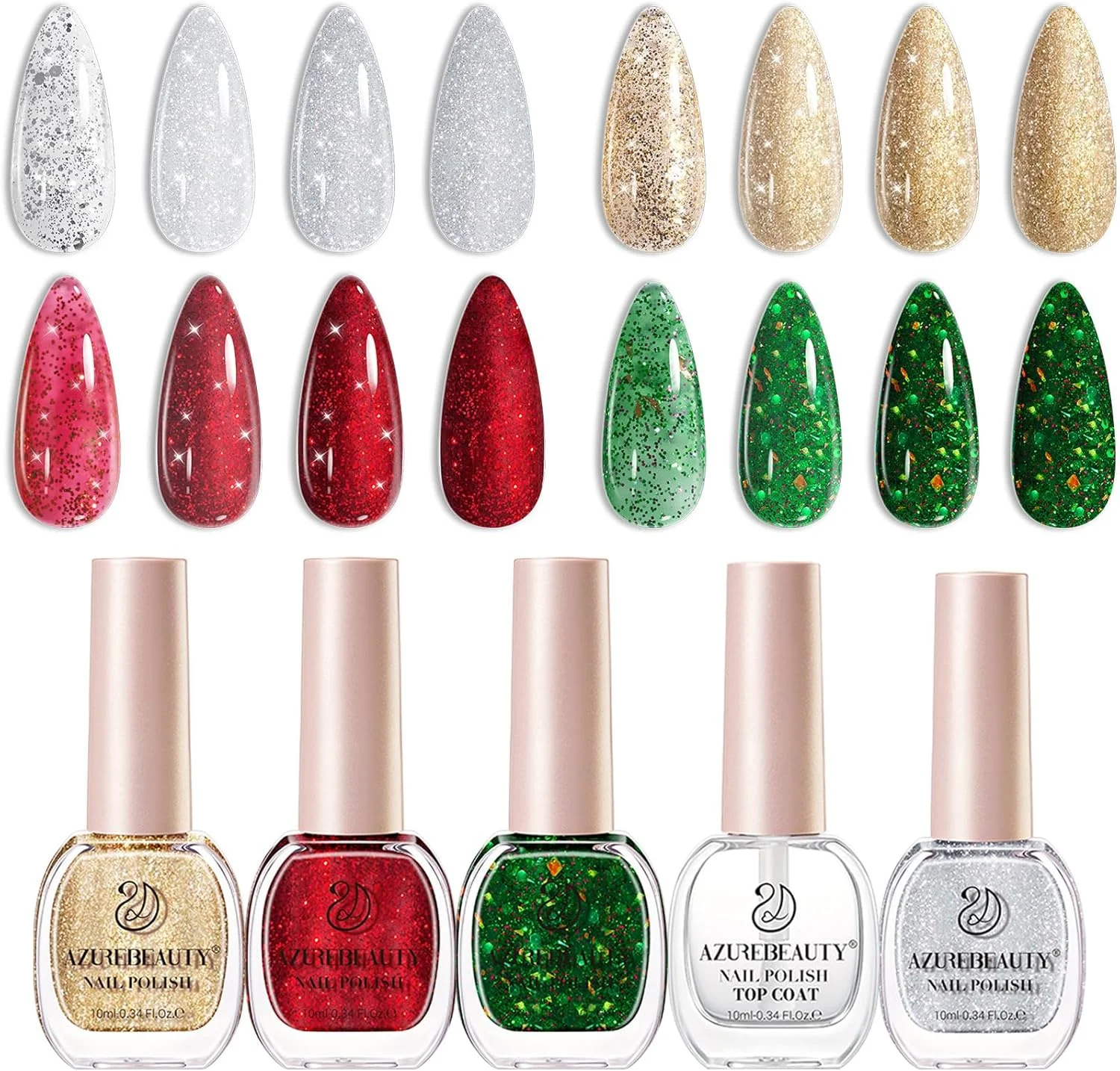 مجموعه لاک ناخن AZUREBEAUTY، 4 رنگ اکلیلی کریسمس قرمز سبز طلایی نقره ای خشک شونده سریع لاک ناخن طبیعی کیت تقویت کننده با پوشش رویی مناسب استفاده در خانه و سالن