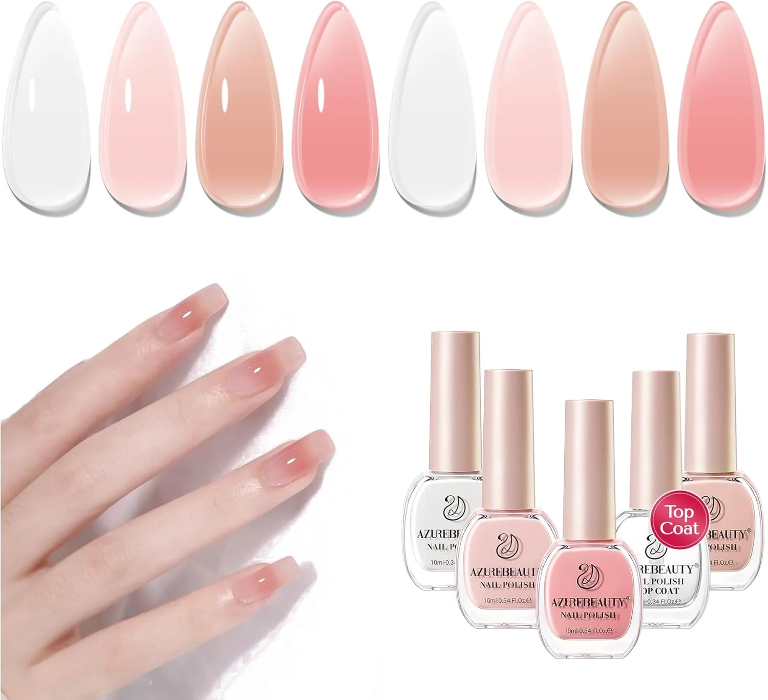 مجموعه لاک ناخن AZUREBEAUTY، ۴ رنگ صورتی کالباسی، ژله ای، شفاف، شیری سفید، خشک شدن سریع، لاک ناخن طبیعی، کیت تقویت کننده با پوشش رویی، مناسب استفاده در خانه و سالن