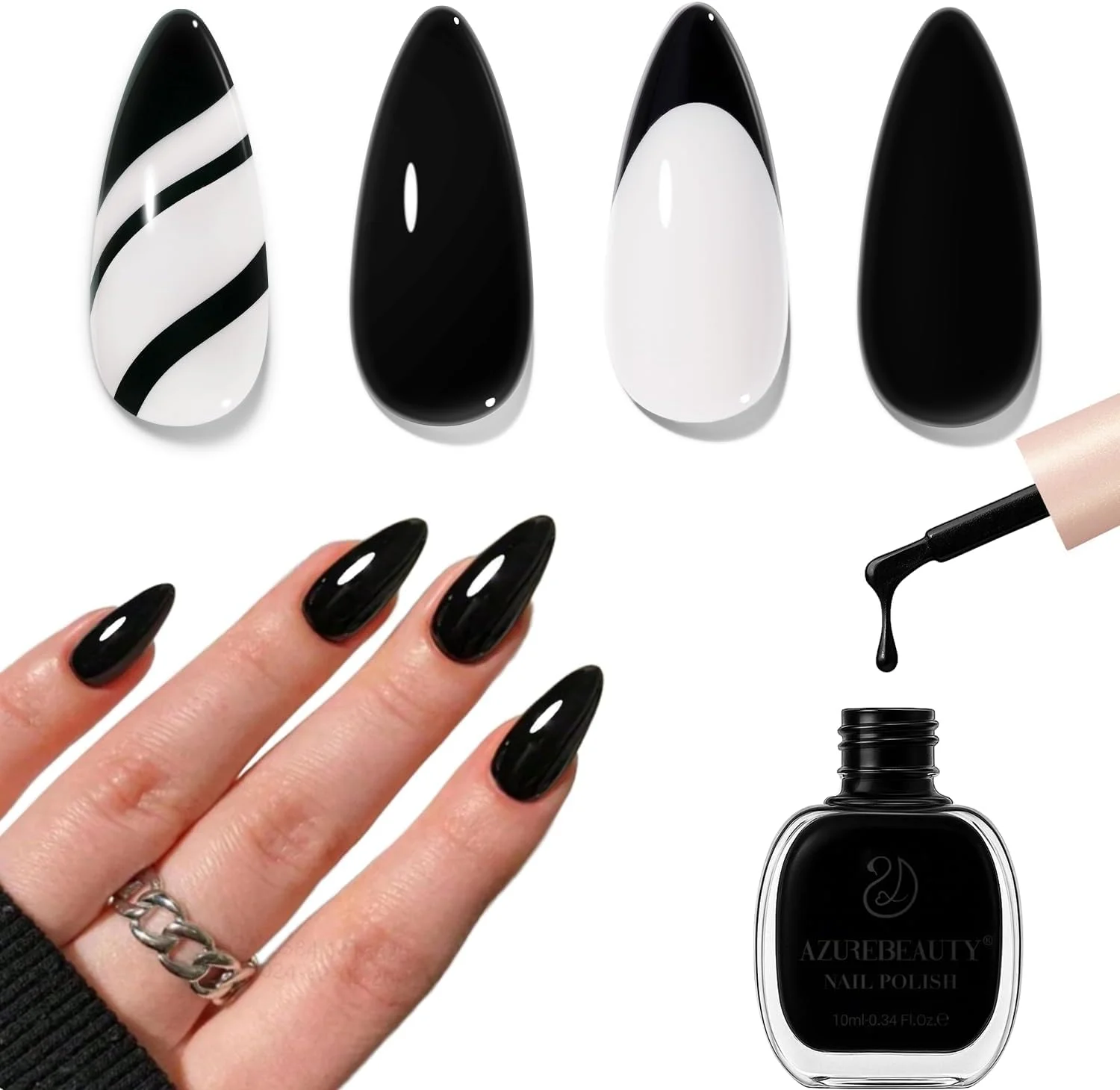 لاک ناخن AZUREBEAUTY، مشکی، خشک شدن سریع، کامل، طبیعی، فوق العاده براق، حرفه ای برای مانیکور و پدیکور DIY در خانه