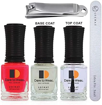 ست آغازین لاک ناخن LeChat شامل سوهان زبرا - 1 عدد، تاپ کت - 1 عدد، بیس کت - 1 عدد، ناخن گیر - 1 عدد، لاک ناخن رنگ نئون متنوع.