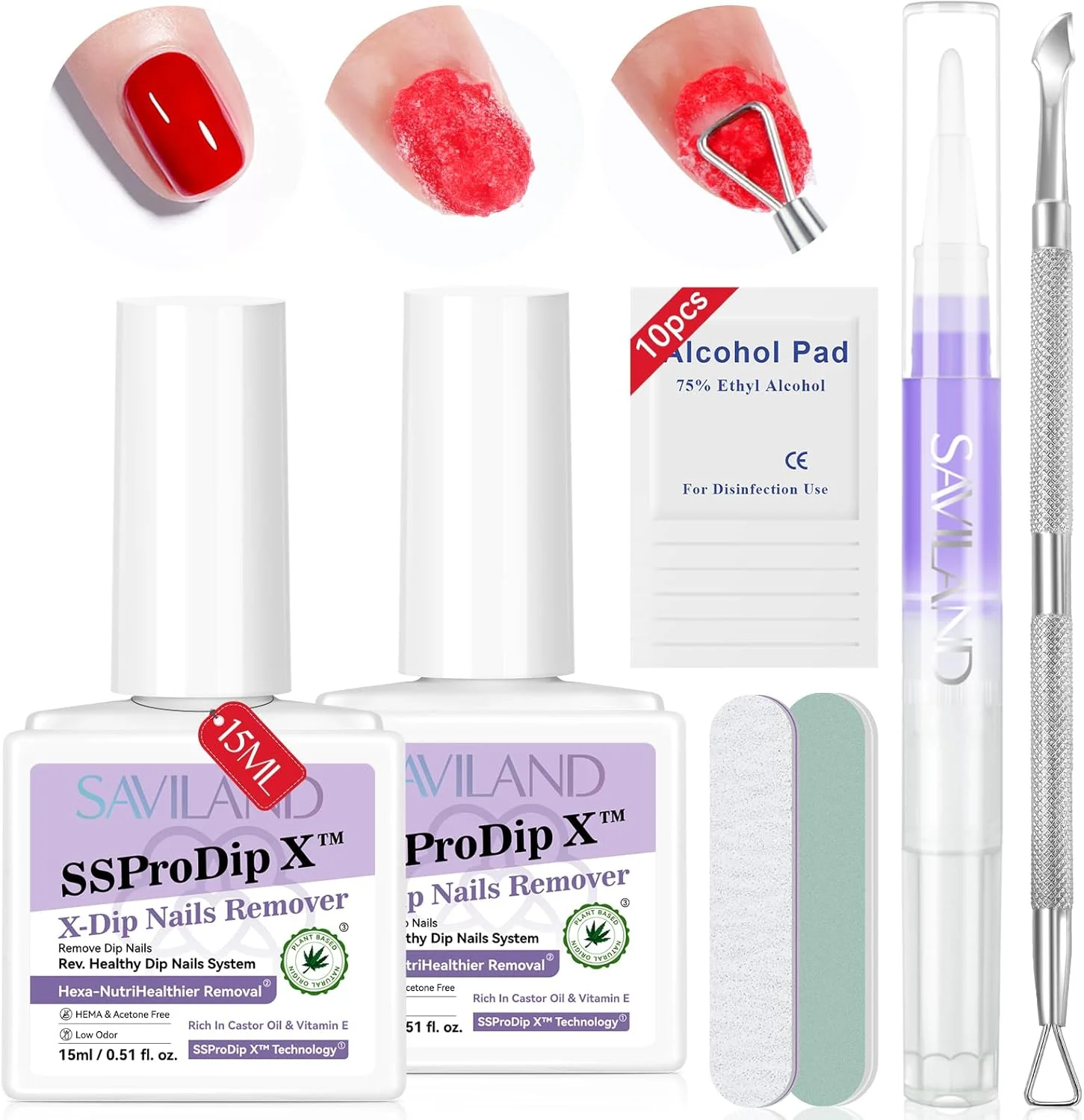 محلول پاک کننده پودر دیپ ساویلند 2 عددی: کیت حرفه ای پاک کننده ناخن دیپ، ملایم و ایمن، به همراه روغن کوتیکول و ابزار سوهان ناخن، بدون نیاز به خیساندن یا پیچیدن، 15 میل مناسب برای استفاده خانگی