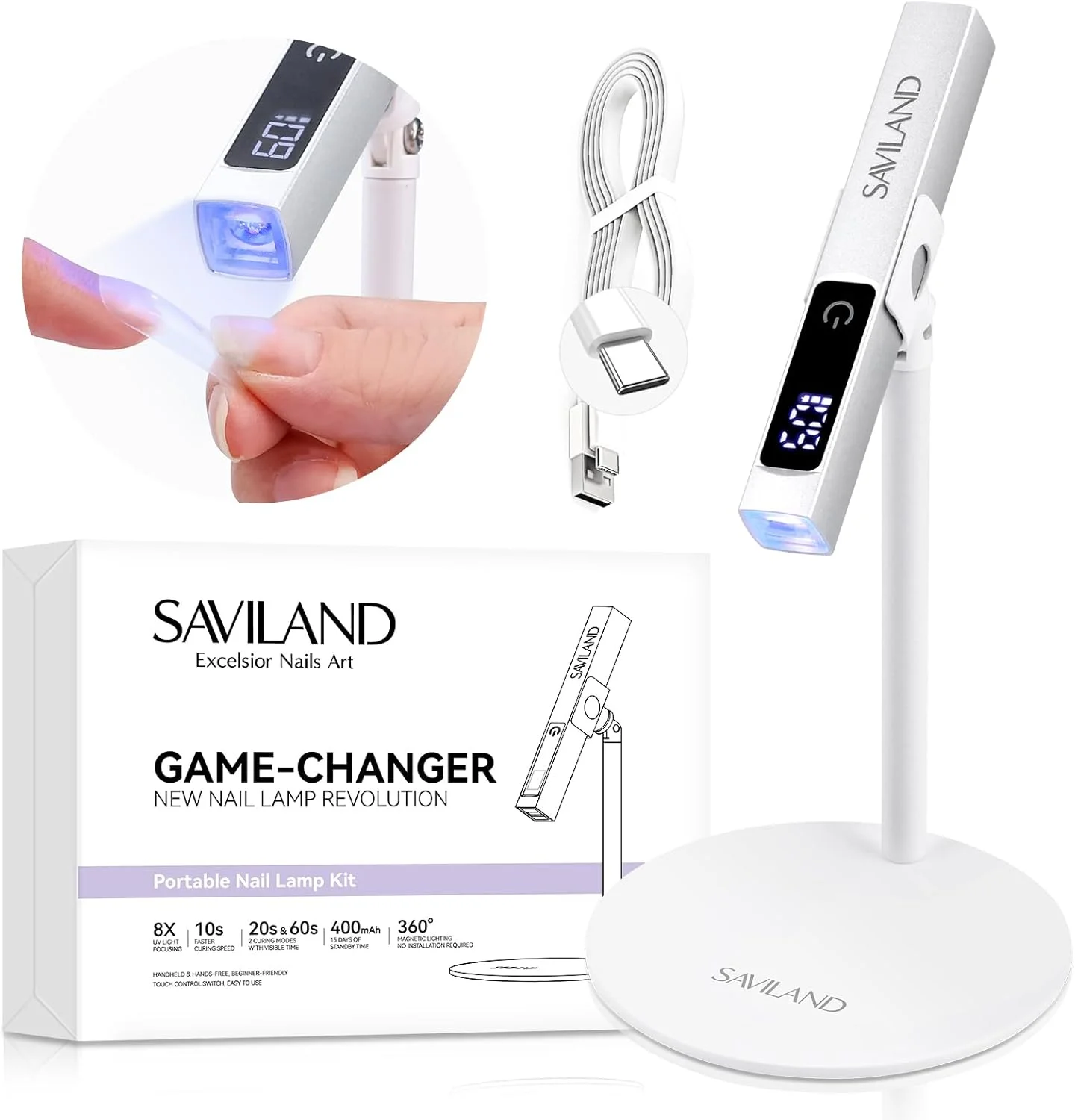 چراغ ال ای دی یو وی SAVILAND با پایه مغناطیسی و صفحه نمایش ال سی دی، کیت چراغ ناخن قابل حمل، دارای 2 حالت تایمر، پایه مینی خشک کن ناخن قابل حمل برای ناخن های ژلی، قابل شارژ از طریق USB و بی سیم برای مانیکور خانگی