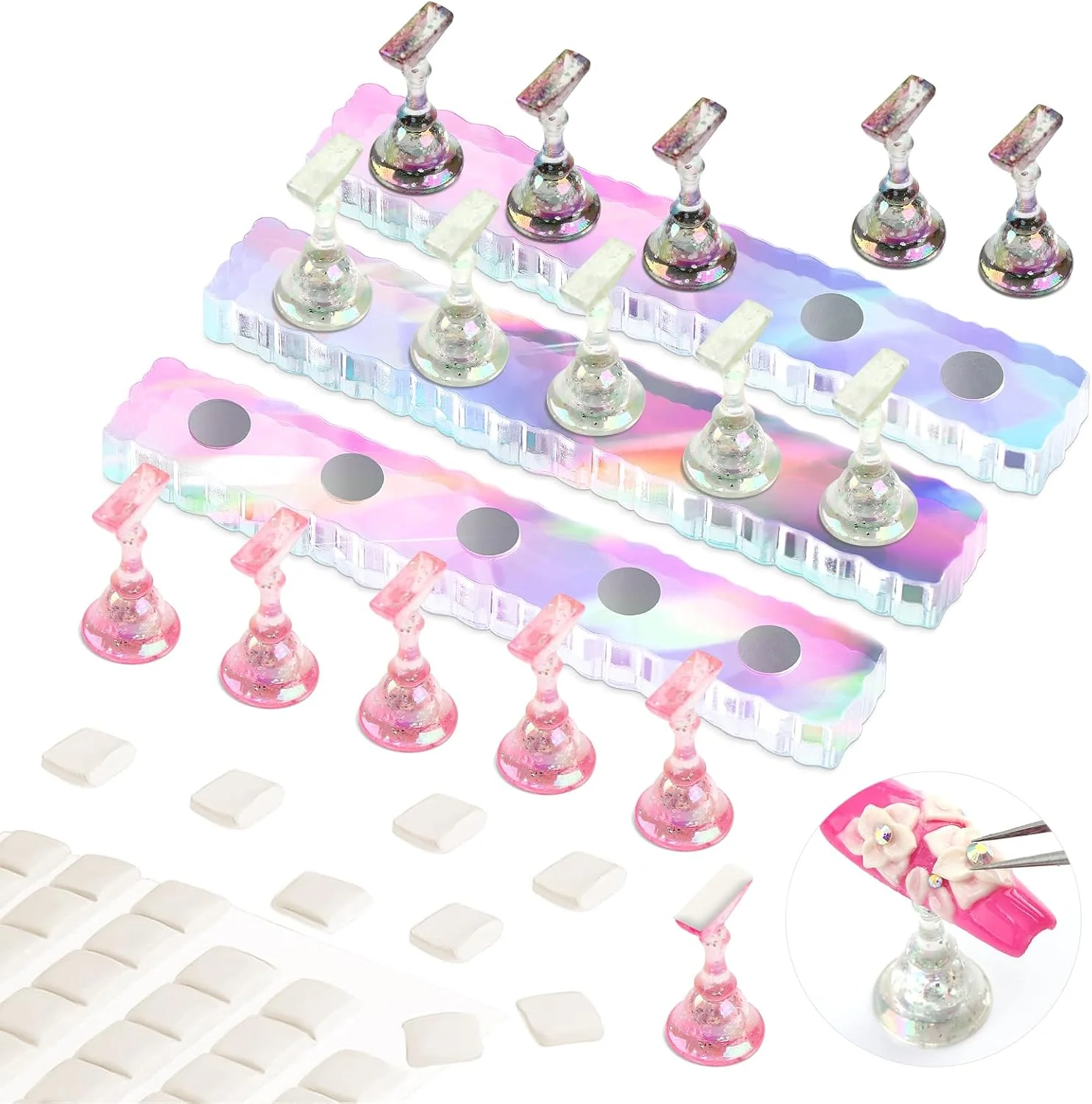 ست پایه نگهدارنده ناخن مصنوعی ساویلند برای طراحی ناخن، 3 عددی: نگهدارنده مغناطیسی ناخن مصنوعی برای طراحی - پایه نمایش اکریلیک لیزری بادوام با چسب بتونه ای برای طراحی ناخن