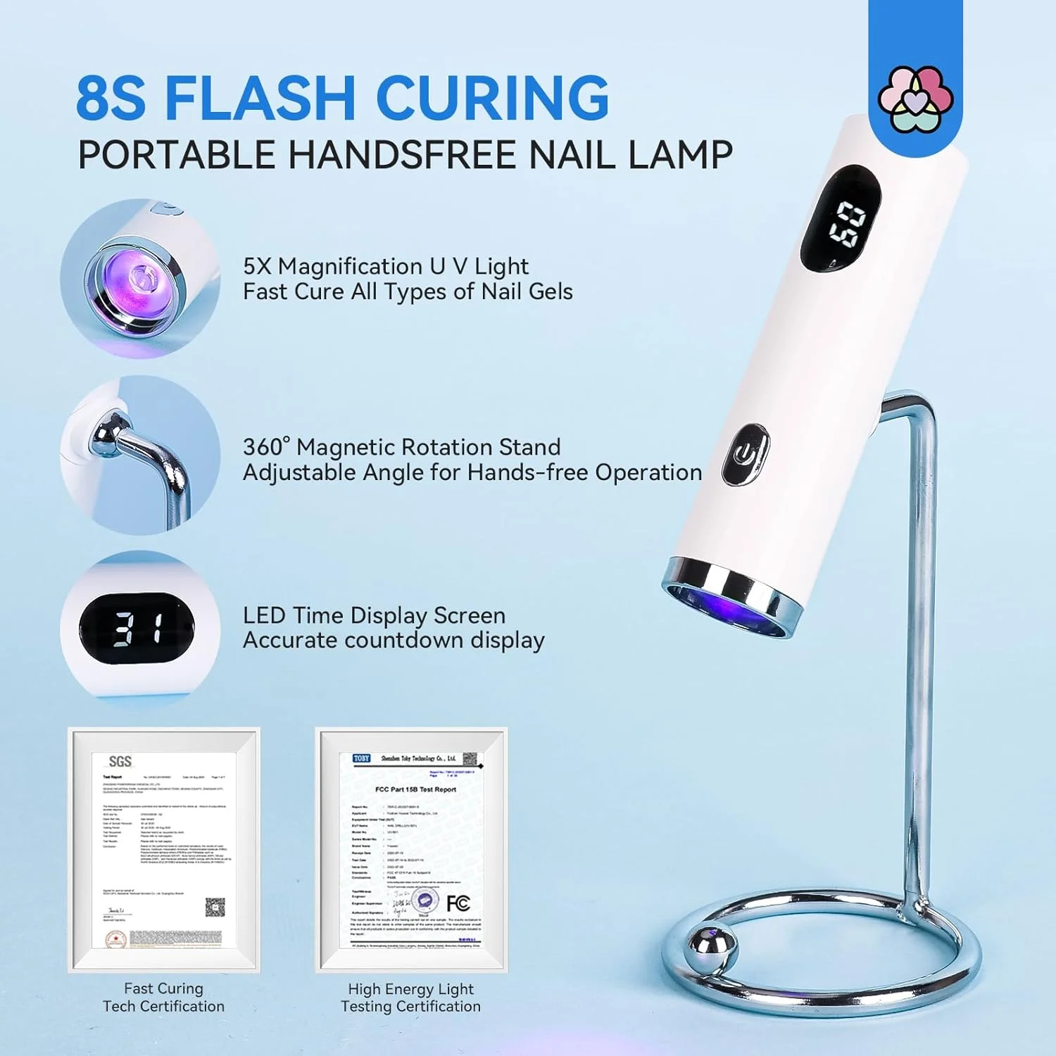 چراغ ناخن قابل حمل سویلند با پایه: چراغ یو وی با سرعت خشک شدن 8 ثانیه، چراغ مینی ال ای دی قابل شارژ 400 میلی آمپر ساعتی برای ناخن های ژلی، خشک کن ناخن دستی دو منظوره و مهر ناخن، مناسب برای علاقه مندان به ناخن و انجام کارهای DIY در خانه