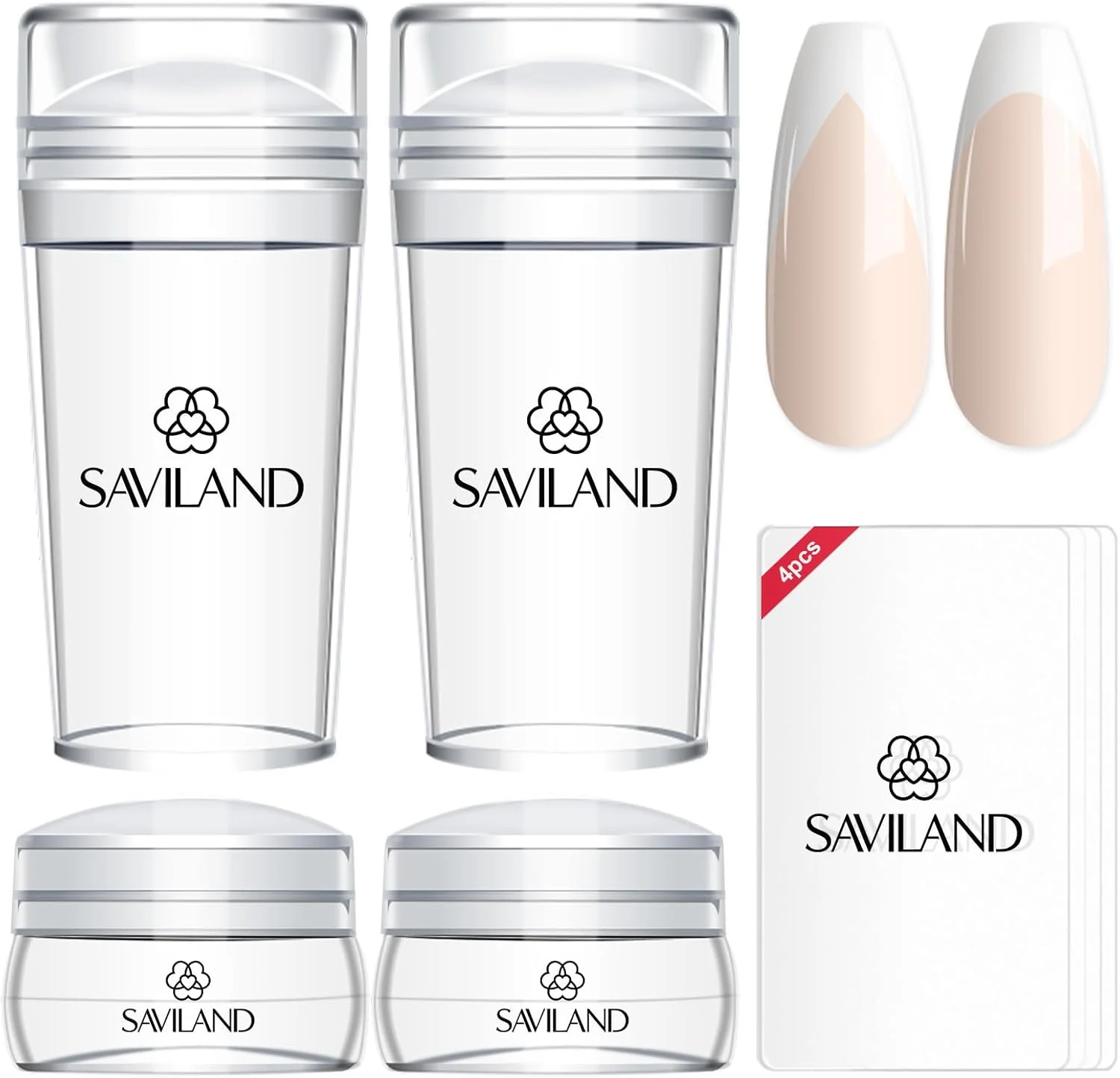 کیت مهر ناخن SAVILAND: 2+2 عدد مهر ناخن با نوک فرانسوی بلند و کوتاه، مهر ژله ای سیلیکونی شفاف برای ناخن ها با اسکراپر، کیت ابزار طراحی ناخن برای استفاده در منزل، مانیکور DIY، سالن ناخن