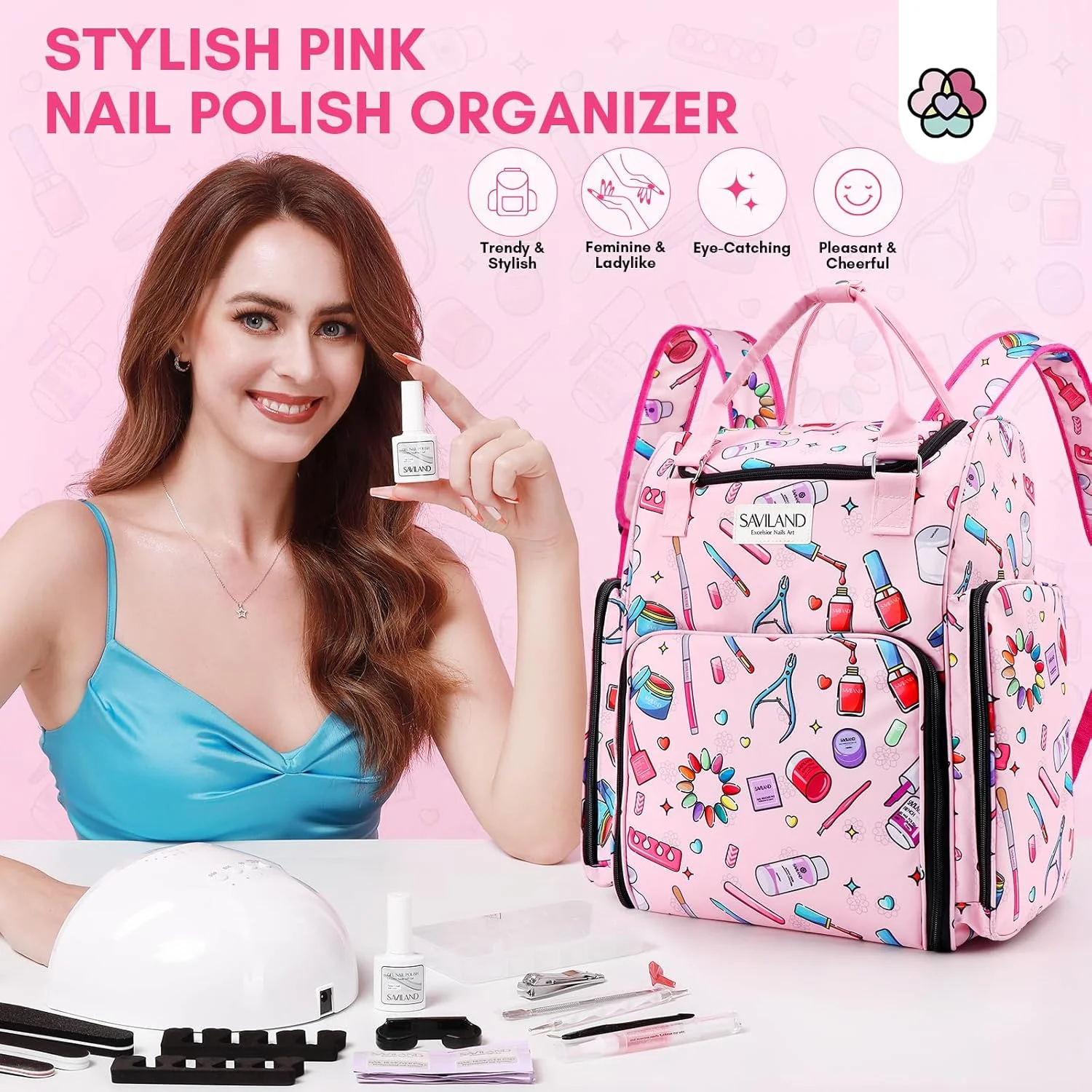کیف سازمان دهنده لاک ناخن SAVILAND: کیف بزرگ 33 لیتری برای سازماندهی و نگهداری لاک ناخن، گنجایش 80 بطری (15 میلی لیتر) و دستگاه UV، کیف قابل حمل نگهدارنده لاک ژل، مناسب برای نگهداری ابزار مانیکور، مسافرت و استفاده در منزل