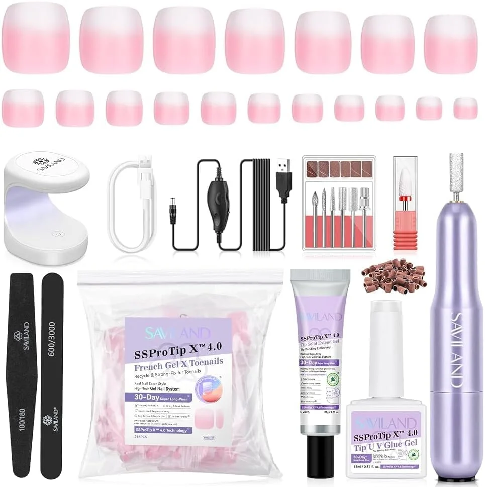 ناخن مصنوعی انگشت پا ساویلند کوتاه: 216 عدد ناخن مصنوعی انگشت پا سفید صورتی آمبره، چسب ناخن جامد با ماندگاری طولانی، خشک کن ناخن ژلی، دریل ناخن اکریلیک برای اکستنشن سریع ناخن، مناسب برای شروع کار در خانه