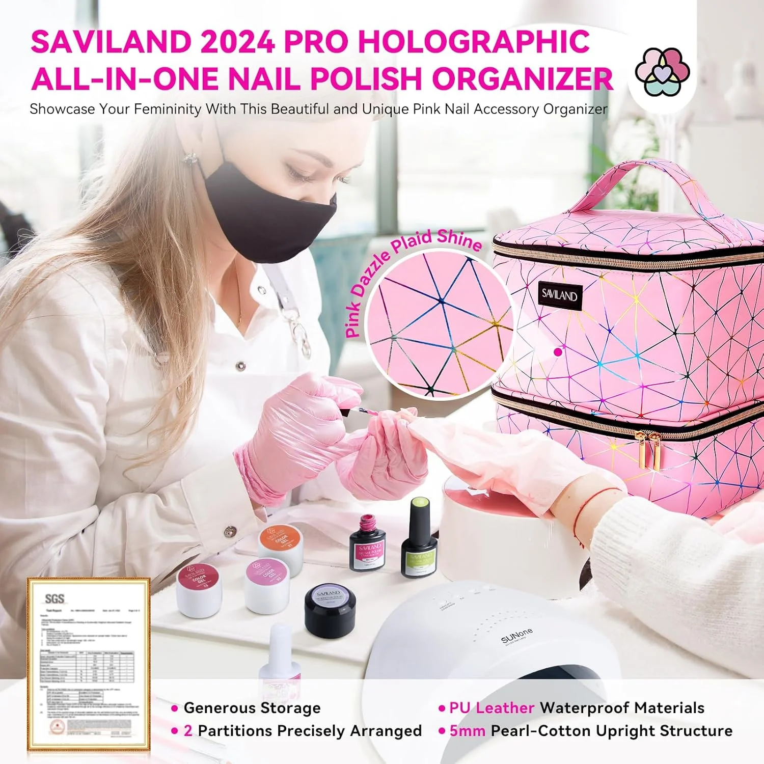کیف لوازم لاک ناخن SAVILAND: طراحی چرم PU هولوگرافیک 2024، کیف نگهدارنده 30 عدد لاک ناخن، کیف دو لایه چراغ ناخن، کیف لوازم ناخن، کیف نگهداری کیت ناخن برای تکنسین ناخن
