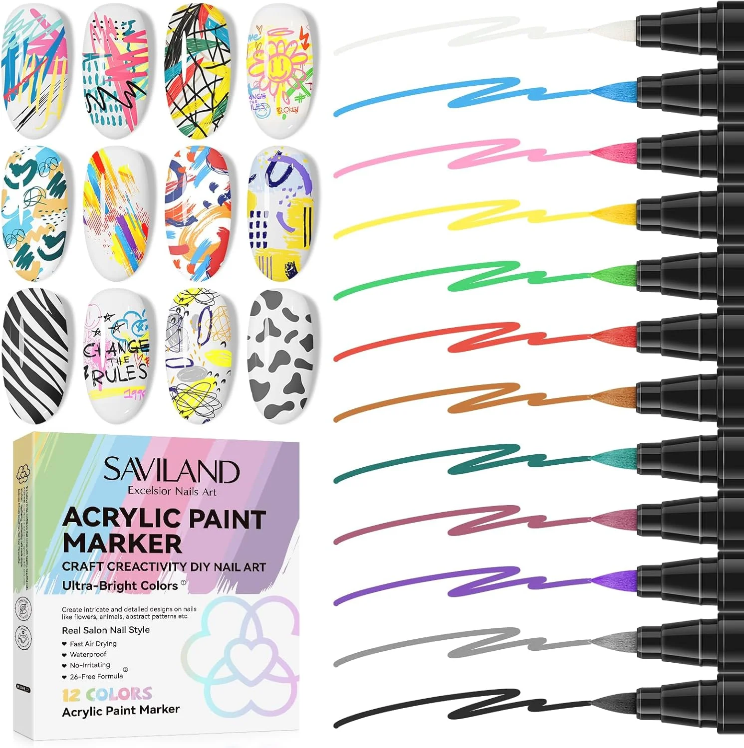 مجموعه قلم های طراحی ناخن ساویلند: 12 رنگ قلم های رنگ آمیزی اکریلیک با خشک شدن سریع، قلم های لاک سه بعدی برای طراحی ناخن، قلم های خط کشی، نقطه گذاری، طراحی و نقاشی ناخن، کیت ابزار طراحی ناخن مناسب استفاده خانگی