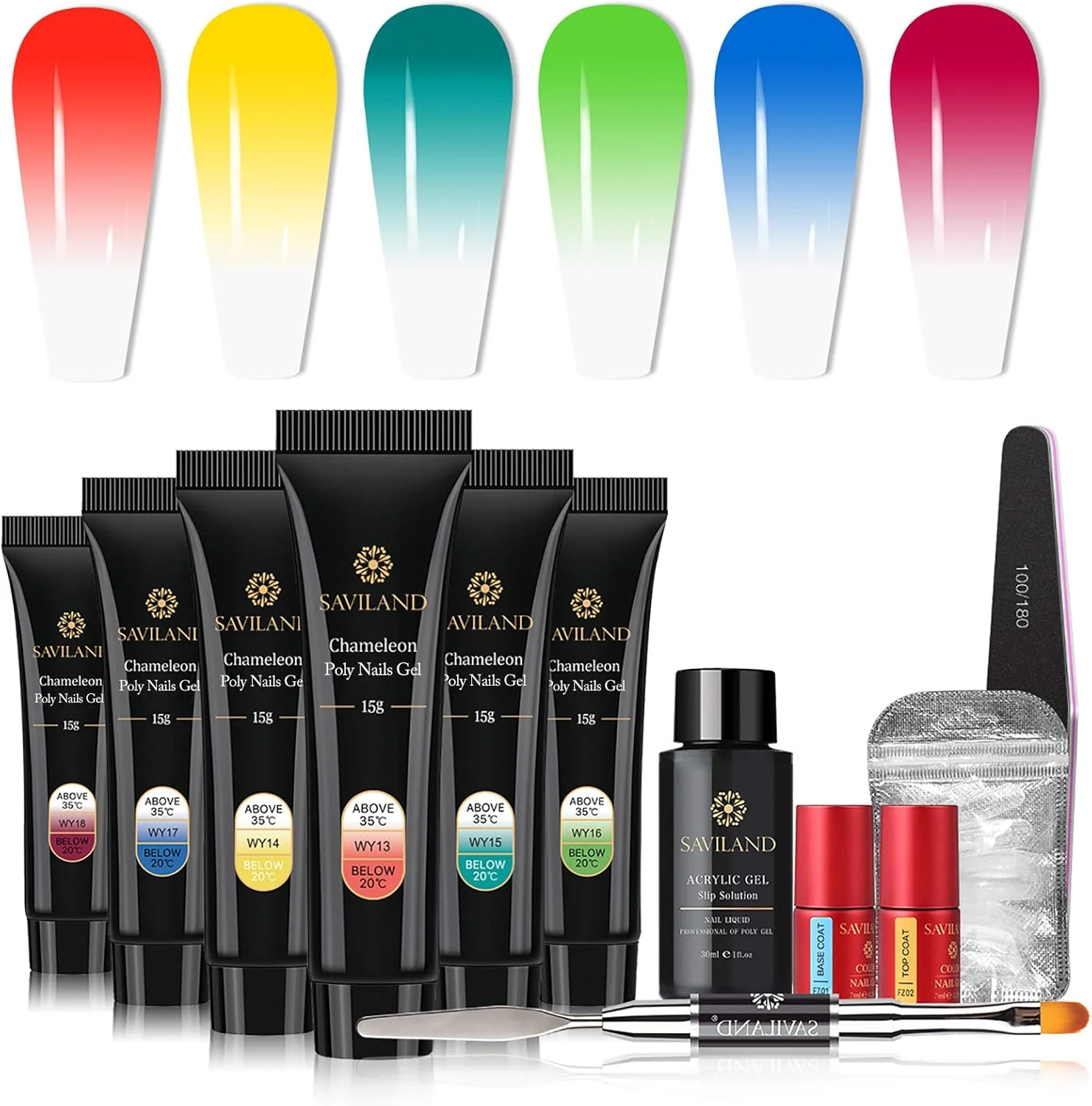 کیت ژل ناخن پلی SAVILAND - ژل سازنده پلی ناخن تغییر رنگ دهنده، لاک حرارتی، تقویت کننده و اکستنشن ناخن برای مبتدیان و تکنسین های حرفه ای ناخن