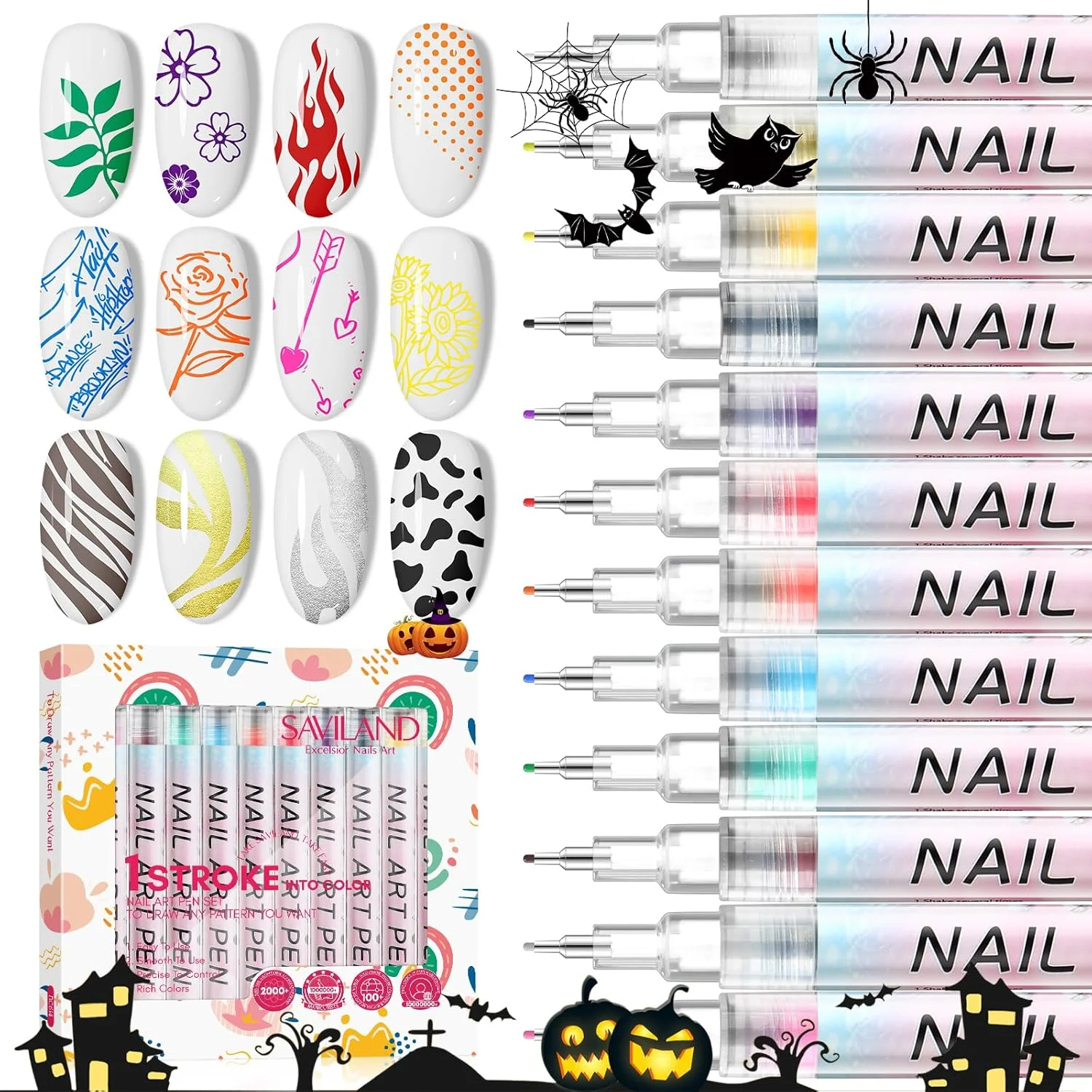 قلم طراحی ناخن ساویلند برای هالووین 2024: نوک فوق العاده نازک 0.5 میلی متری، 12 رنگ طلایی/نقره ای متالیک - خشک شدن سریع و ضد آب برای طرح های تار عنکبوت/ماه هالووین، مانیکور عربی و هدایای DIY