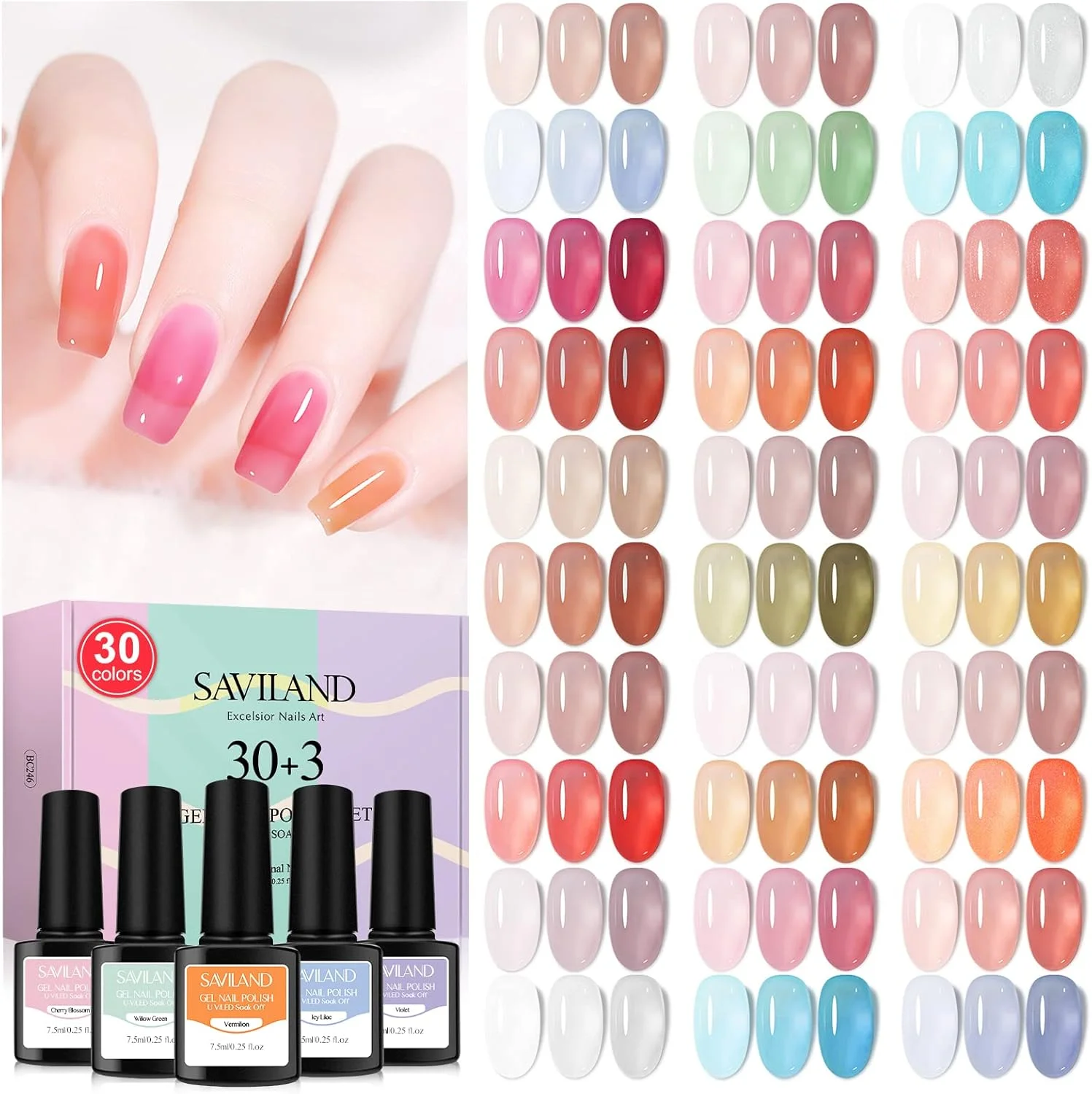 ست لاک ژل ژله ای ناخن SAVILAND، 30 رنگ لاک ناخن صورتی کالباسی شفاف با 180 جلوه براق/مات/شفاف برای سالن ناخن، هدیه کریسمس و تعطیلات خانگی