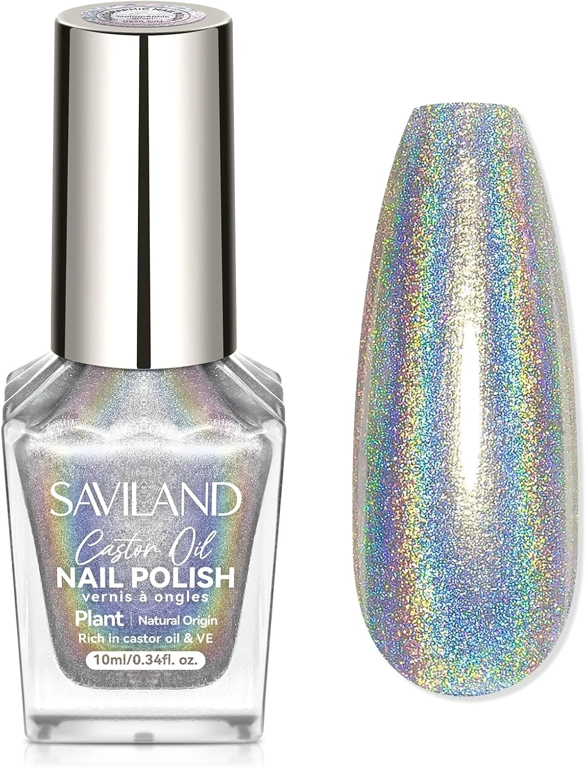 لاک ناخن نقره ای هولوگرافیک SAVILAND: لاک ناخن کروم لیزری سریع خشک شونده، لاک ناخن نئون سریع خشک شونده، لاک ناخن روغن کرچک غیر سمی، لاک ناخن با اثر رنگین کمانی، مناسب برای علاقه مندان به هنر ناخن در خانه