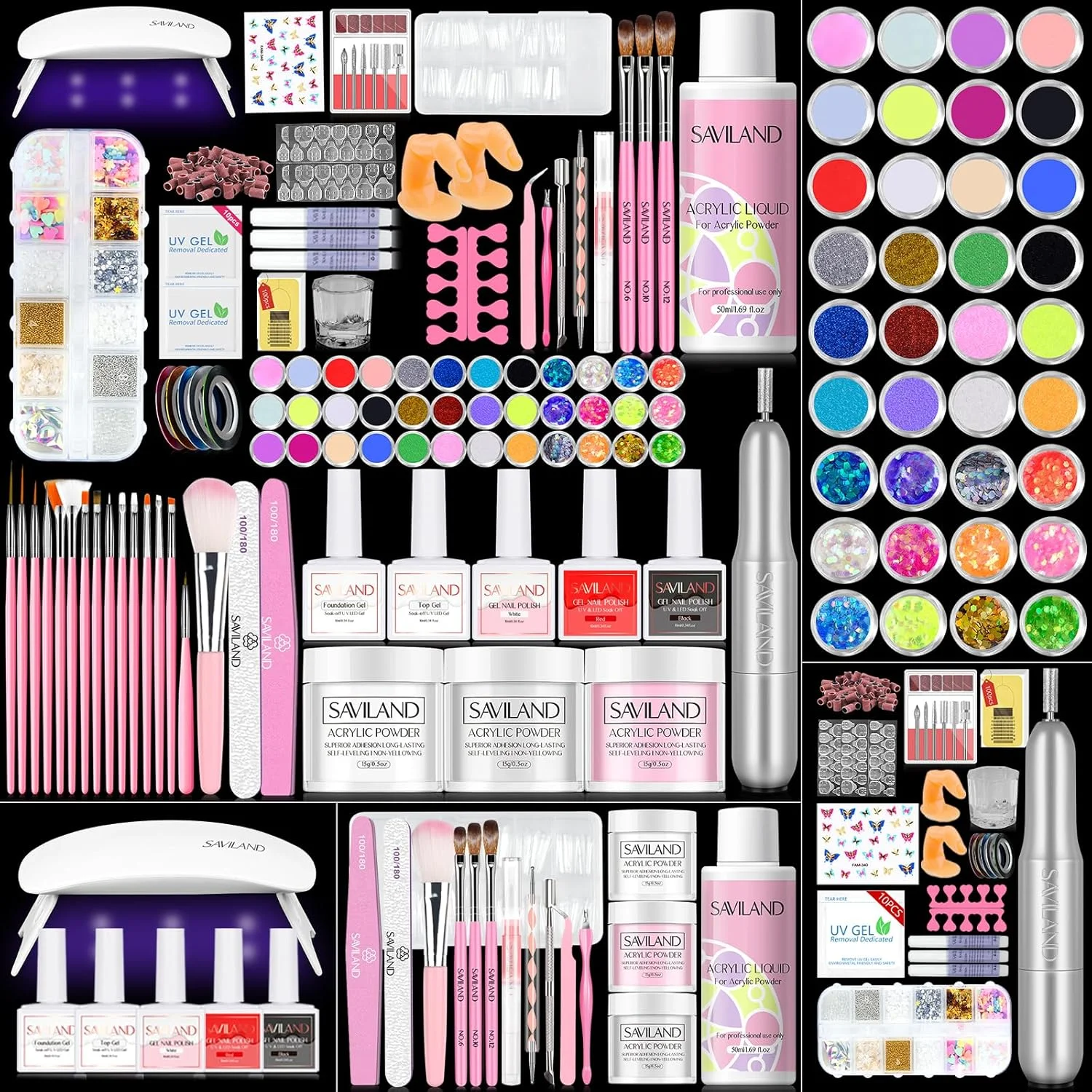 ست کاشت ناخن اکرلیک SAVILAND با دریل: ست کامل و حرفه ای اکرلیک برای مبتدیان به همراه لاک ژل، دستگاه یو وی و لوازم تزیین ناخن، مناسب برای استفاده در منزل و سالن، ایده آل برای هدیه