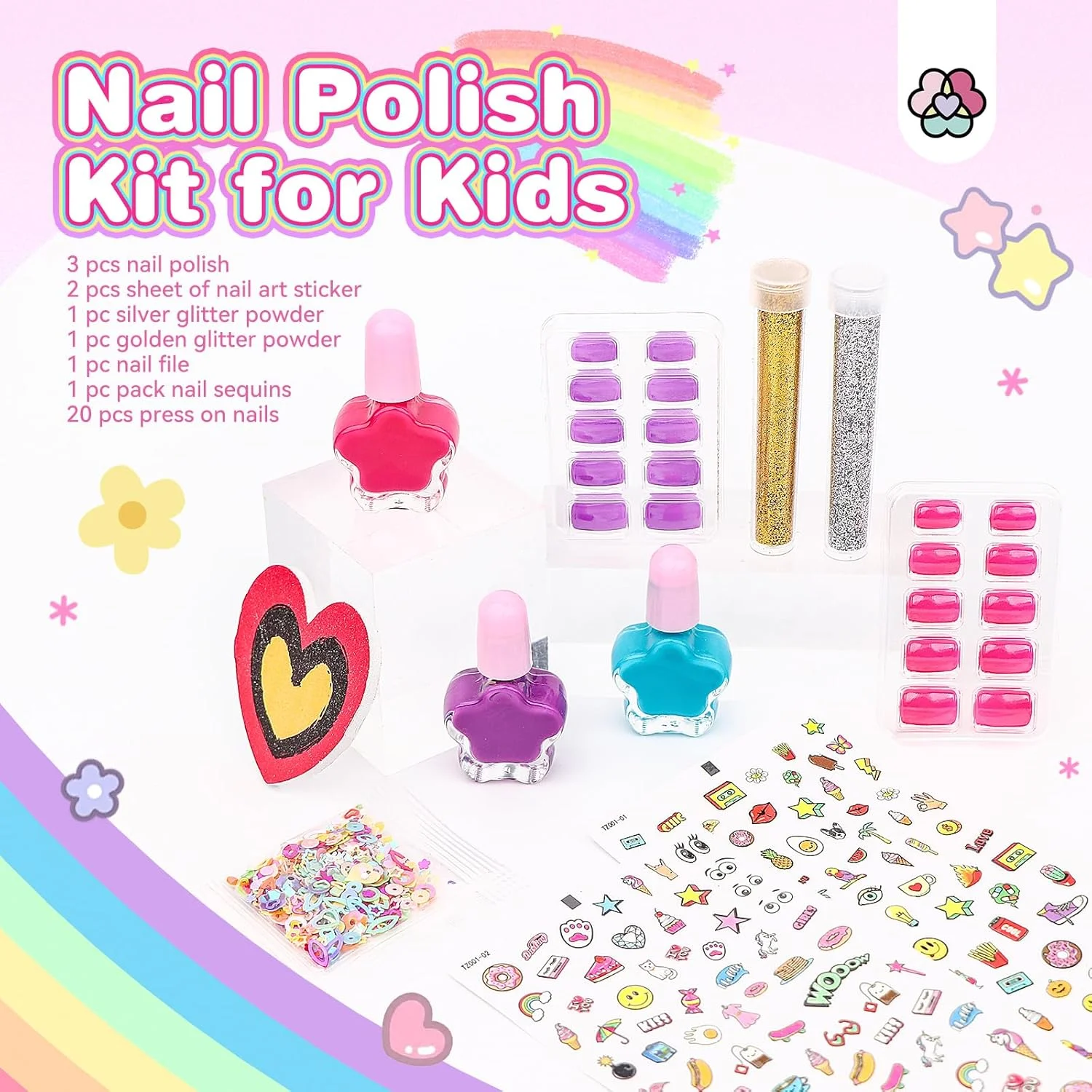 ست لاک ناخن کودکانه ساویلند: ست پوست‌کن صورتی/بنفش/آبی بر پایه آب - ایمن برای دختران، با نوک/برچسب/پولک پودری چسبان، هدیه برای DIY خانگی و مهمانی‌ها