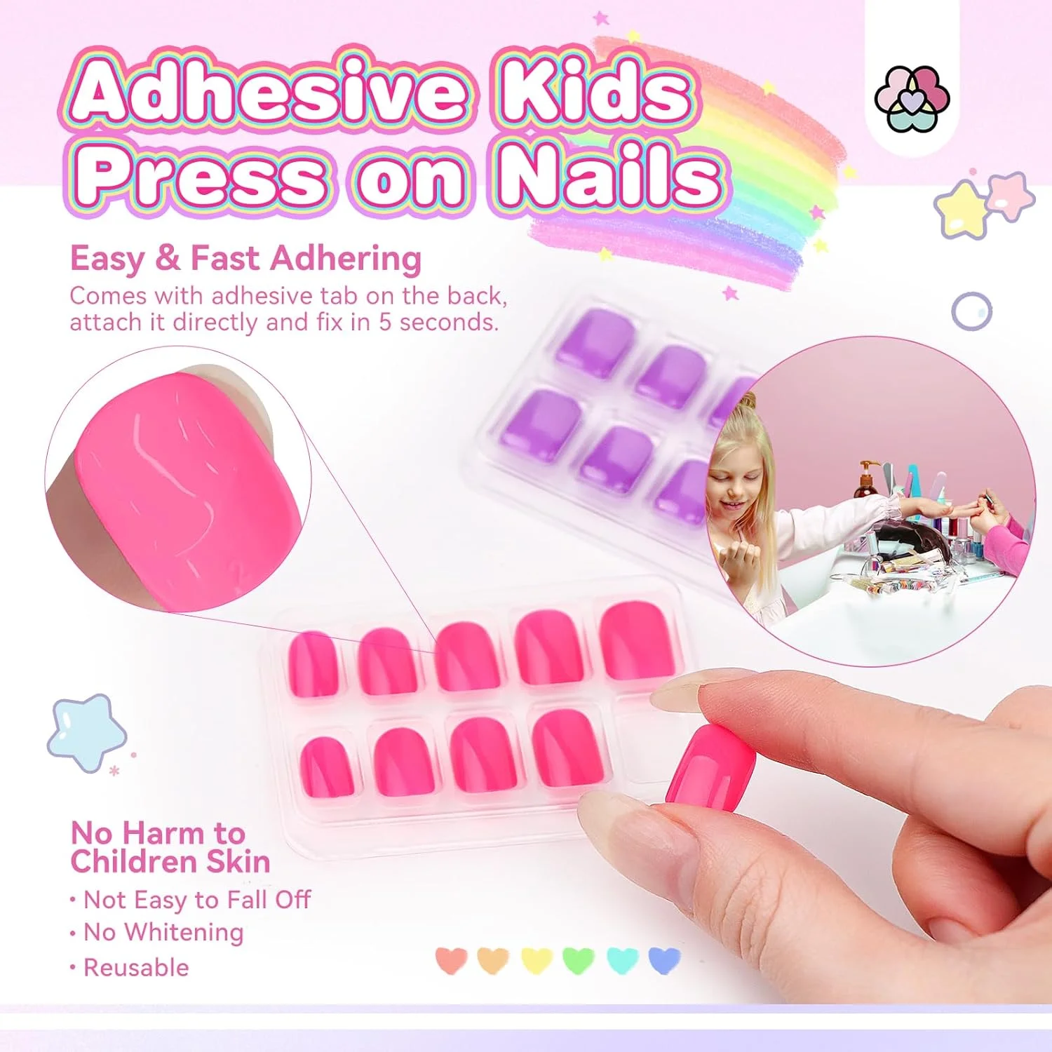 ست لاک ناخن کودکانه ساویلند: ست پوست‌کن صورتی/بنفش/آبی بر پایه آب - ایمن برای دختران، با نوک/برچسب/پولک پودری چسبان، هدیه برای DIY خانگی و مهمانی‌ها