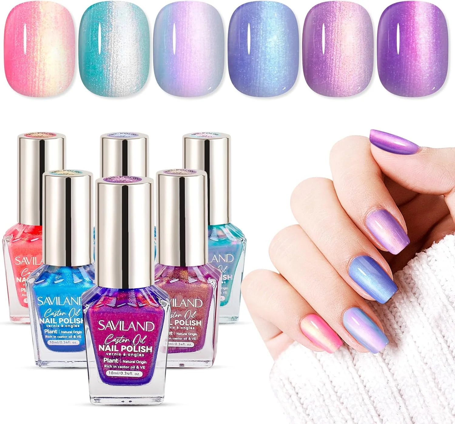 مجموعه لاک ناخن آمبر ساویلند 6 عددی: رنگ های جذاب صورتی آبی طلایی بنفش مرواریدی مناسب فصل تابستان، لاک ناخن با قابلیت خشک شدن سریع، پایه گیاهی روغن کرچک، لاک ناخن طبیعی مناسب طراحی و مانیکور ناخن در خانه