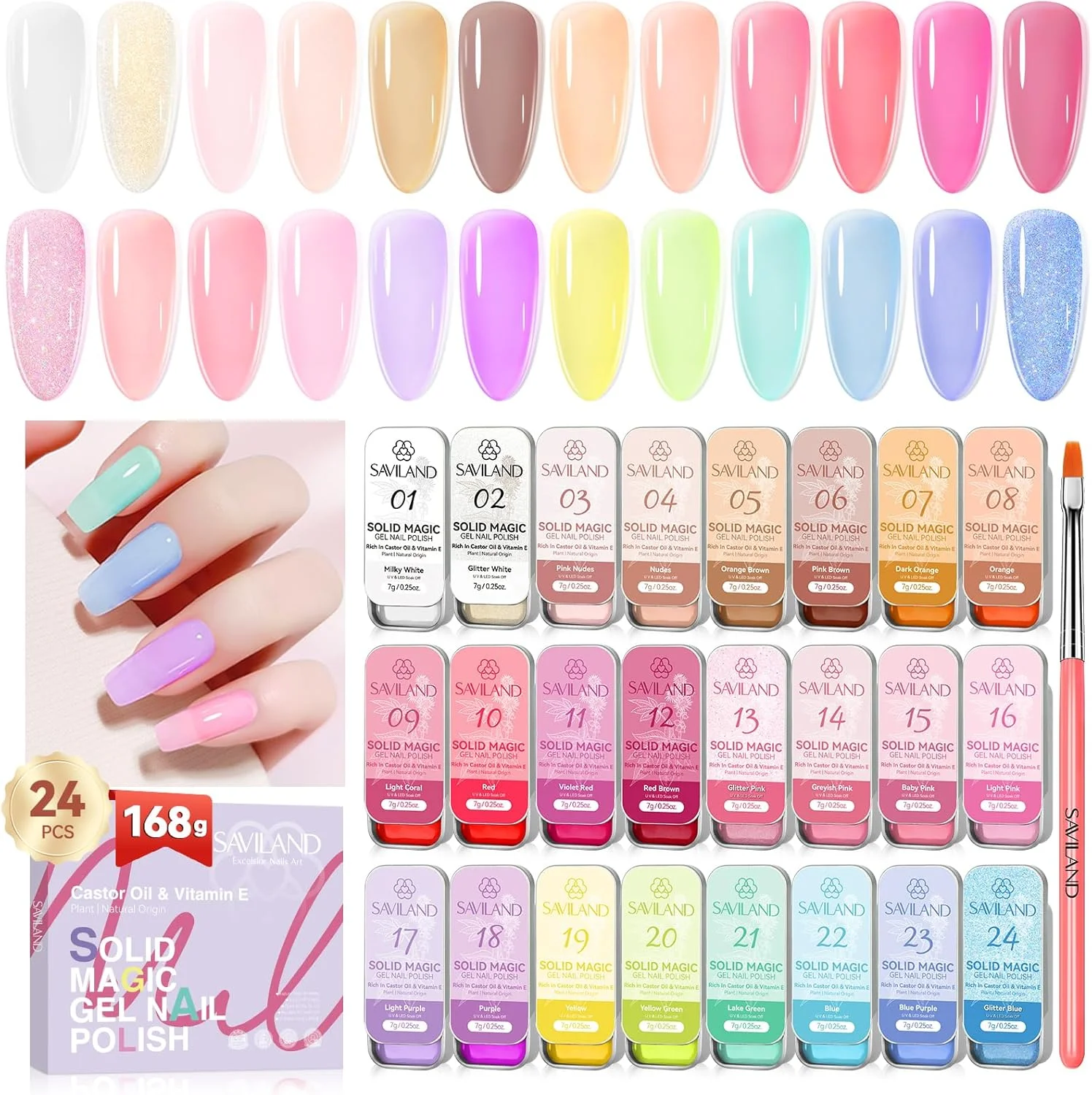 لاک ژل ناخن ساویلند، 24 رنگ ژل کرمی جامد، رنگ های گلبهی، سبز، سفید، زرد، پالت طراحی ناخن، مناسب طراحی و مانیکور ناخن در خانه به همراه قلم طراحی