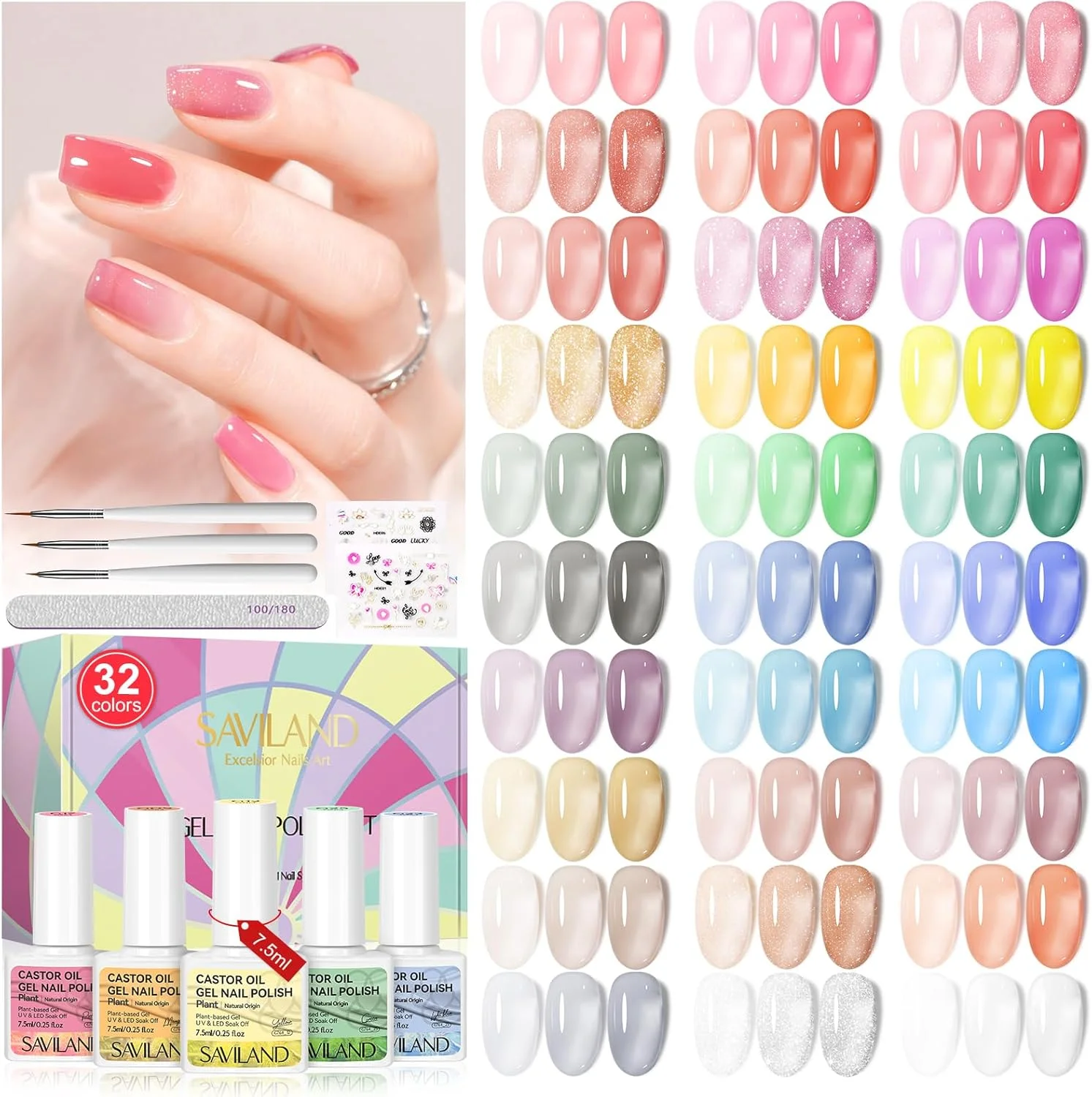مجموعه لاک ژل روغن کرچک ساویلند، مجموعه لاک 35 رنگ، صورتی کالباسی شفاف و مد روز با 192 جلوه براق/مات/جامد/شفاف برای سالن ناخن، ست هدیه خانگی DIY