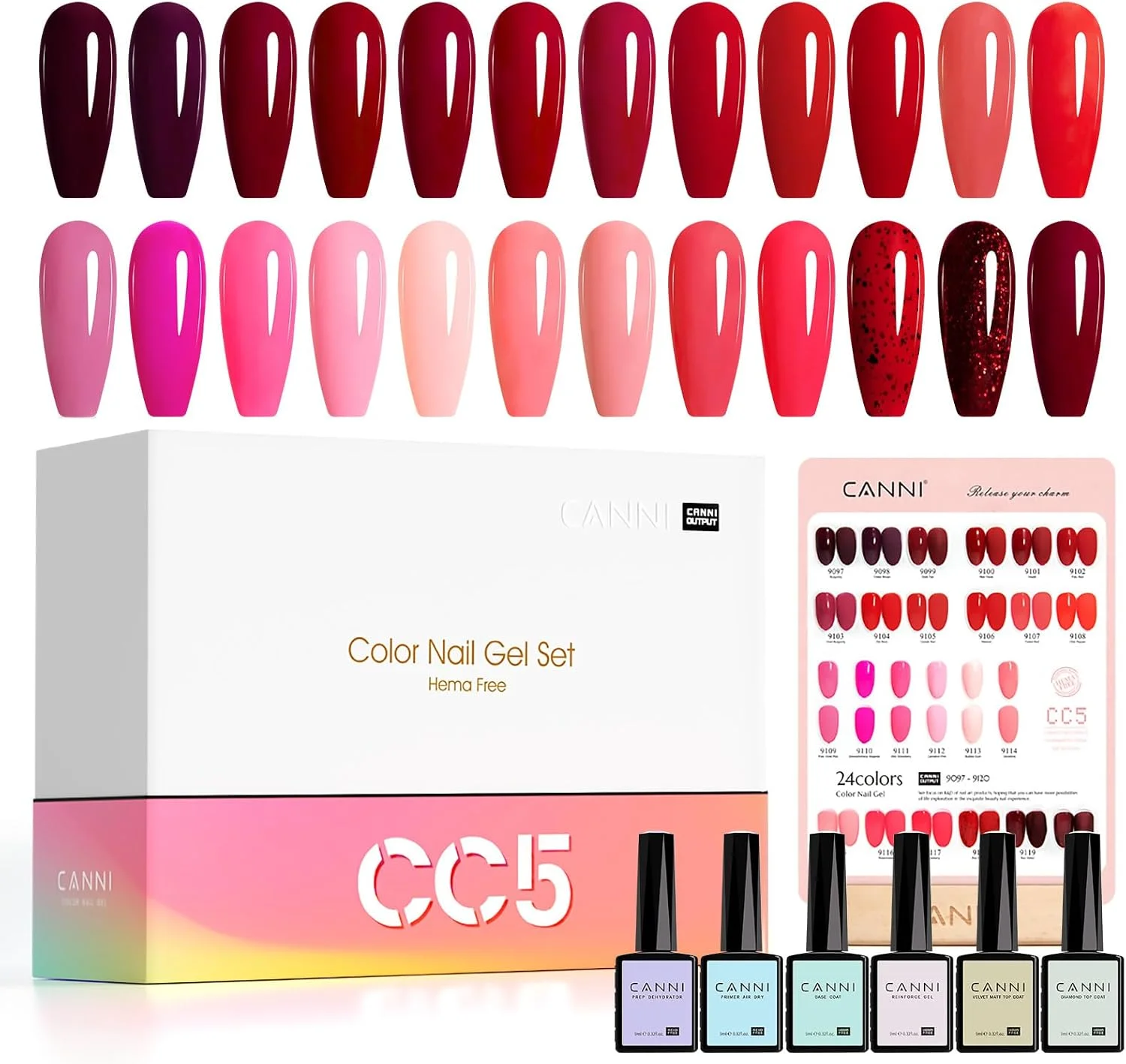 مجموعه لاک ژل قرمز CANNI، شامل ۳۰ رنگ – ۹ میلی لیتر، شامل رنگ های قرمز آتشین، زرشکی، گل رز، صورتی، اکلیلی و قرمز تیره، مناسب برای طراحی ناخن در خانه و سالن