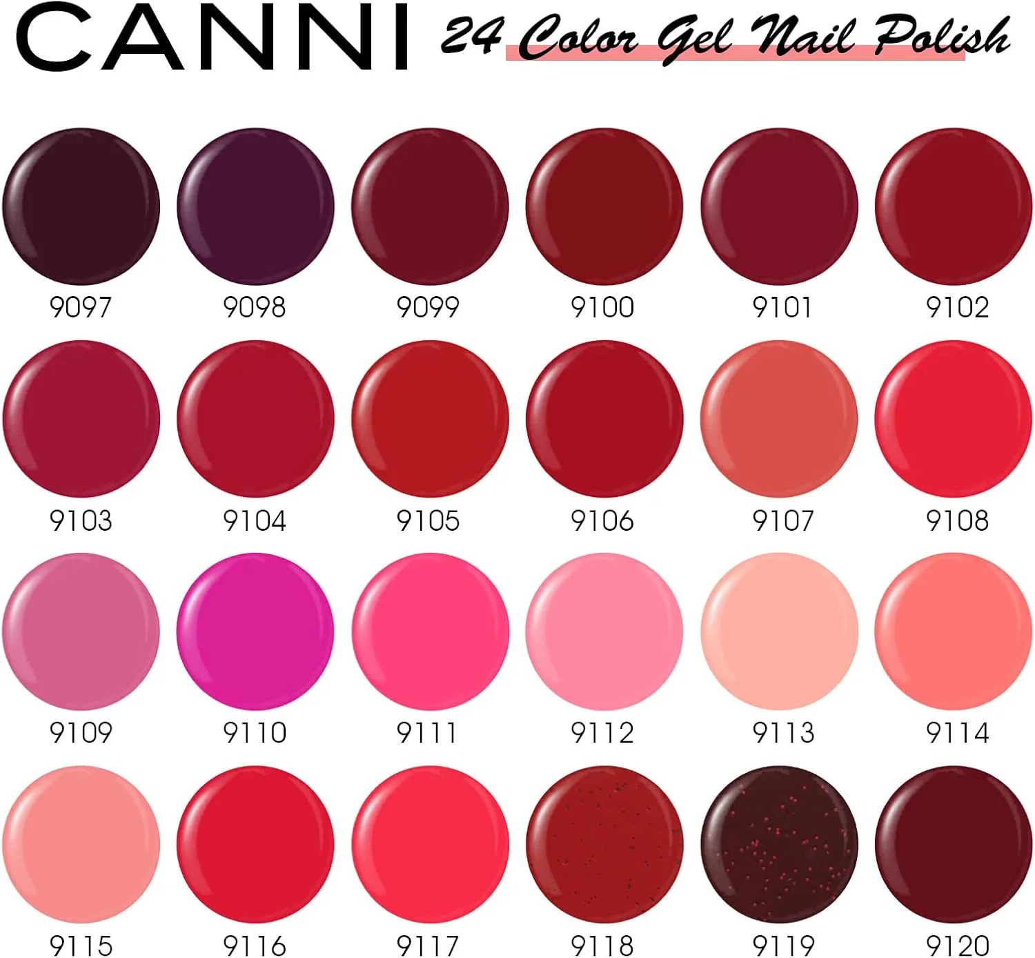 مجموعه لاک ژل قرمز CANNI، شامل ۳۰ رنگ – ۹ میلی لیتر، شامل رنگ های قرمز آتشین، زرشکی، گل رز، صورتی، اکلیلی و قرمز تیره، مناسب برای طراحی ناخن در خانه و سالن