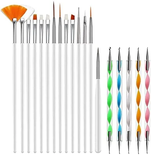 مجموعه ۲۰ عددی ابزار طراحی ناخن برانسون، شامل ۱۵ عدد قلم موی طراحی ناخن برای طراحی لاک ژل و ۵ عدد قلم نقطه گذاری ناخن برای نقاشی روی سنگ، کیت شروع حرفه ای (سفید)