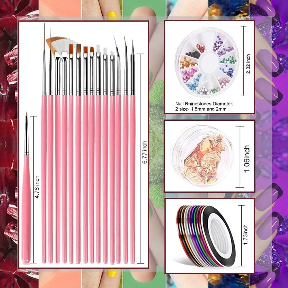 مجموعه طراحی ناخن برانسون، ابزار طراحی مد ناخن، قلم طراحی 15 تکه برس نقاشی ناخن، 5 قلم نقطه گذاری، فویل ناخن، نوار مانیکور، سنگ های تزئینی رنگی برای ناخن