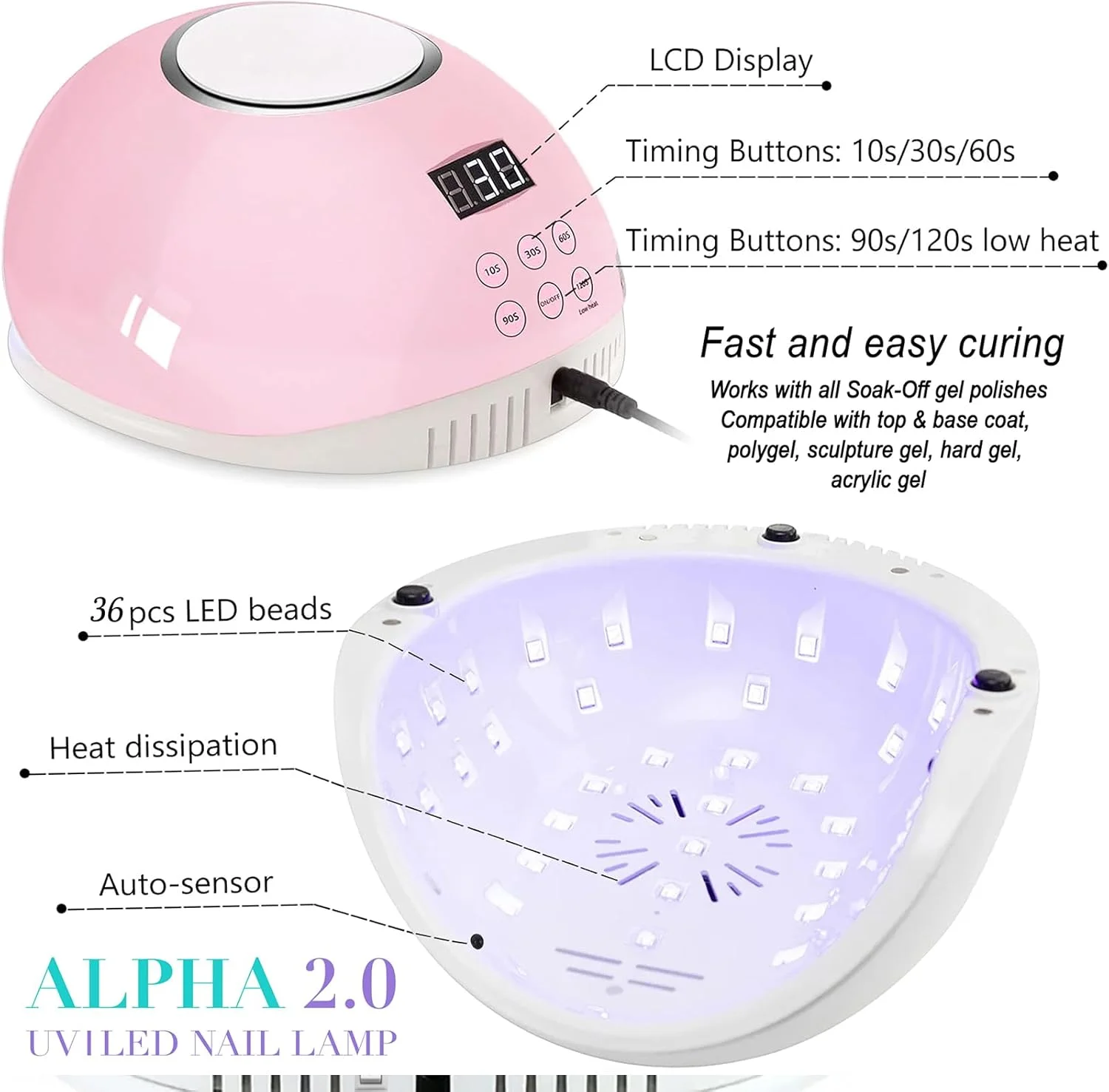 دستگاه خشک کن لاک ناخن UV LED با توان 48 وات، مناسب برای لاک ژل، ابزار و لوازم جانبی حرفه ای طراحی ناخن با 3 تنظیم تایمر 30/60/90 ثانیه، دارای سنسور برای خشک کردن ژل ناخن و ناخن پا