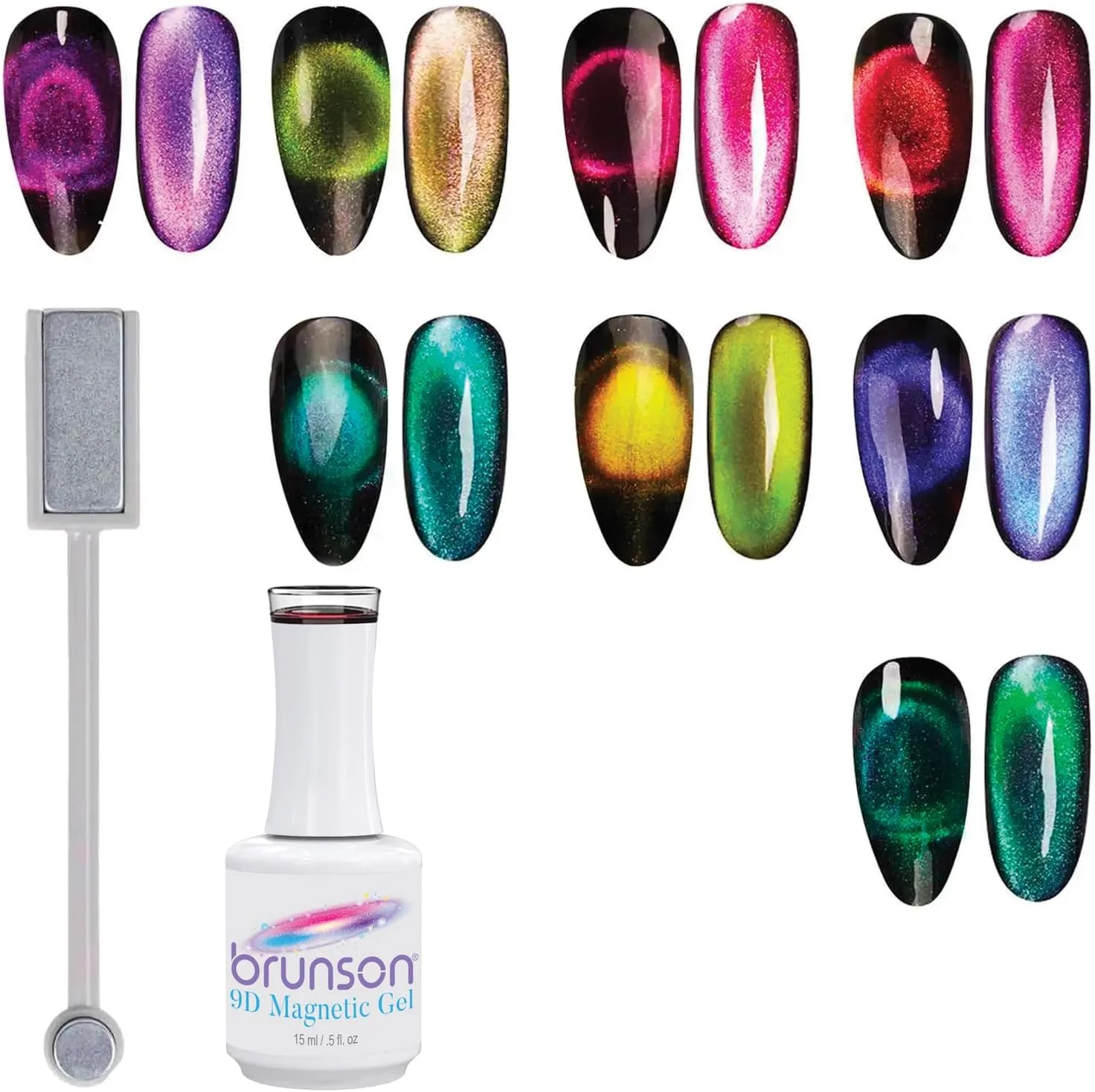ست لاک ژل ناخن Brunson 9D مگنتی چشم گربه ای، ژل لاک UV LED، پرایمر لاک، ست طراحی ناخن رنگی به همراه ابزار مگنت طراحی ناخن سه بعدی