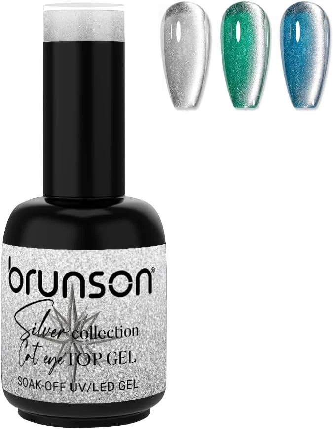 لاک ژل چشم گربه ای نقره ای برانسون - ژل رویه کروم مغناطیسی UV/LED | خیساندن آسان، درخشش ماندگار | طراحی ناخن با افکت کهکشانی | مانیکور با کیفیت سالن | ژل مگنتی چشم گربه ای برای ناخن BSCTG03