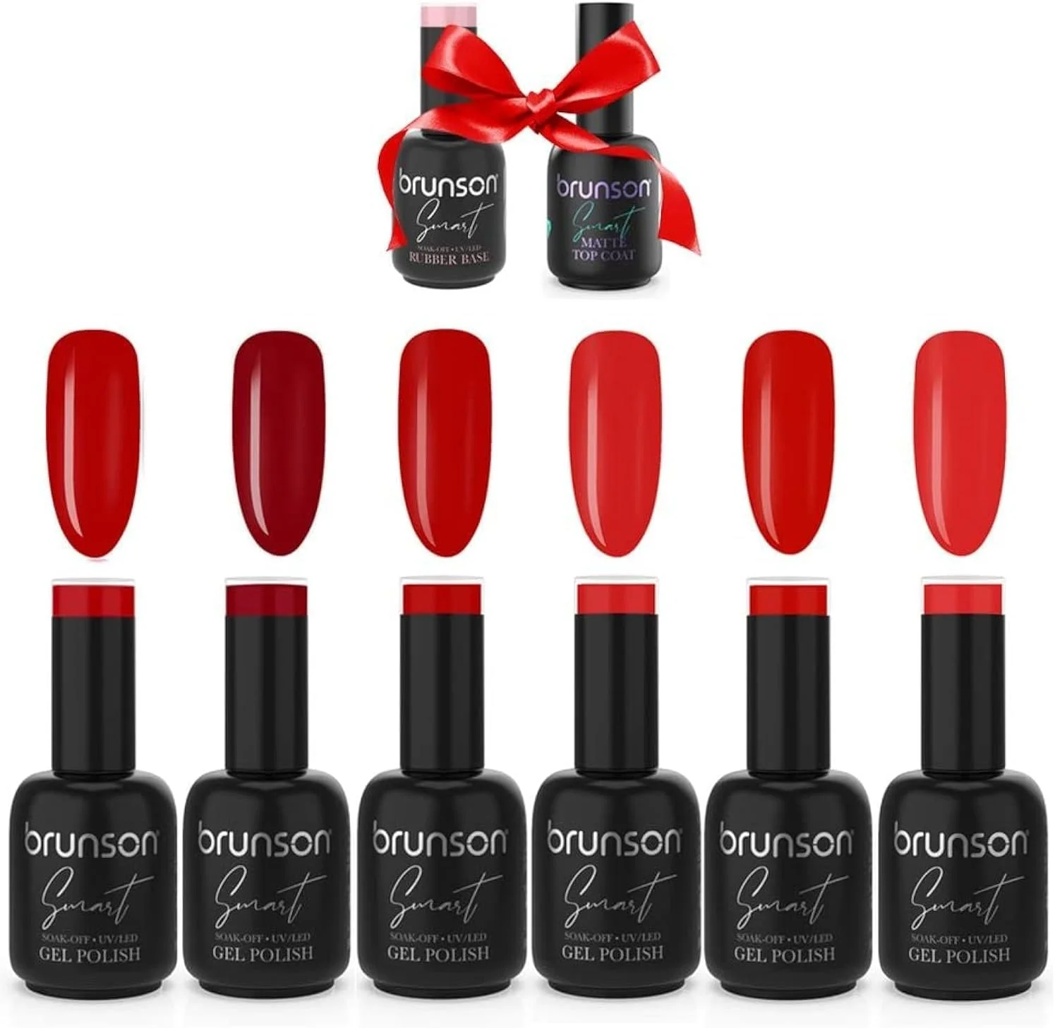مجموعه لاک ژل برانسون، 6 رنگ قرمز، به همراه بیس و تاپ کت بدون نیاز به پاک کردن، مجموعه لاک ژل نئون برای تعطیلات، کیت استارتر لاک ژل UV برای مانیکور DIY