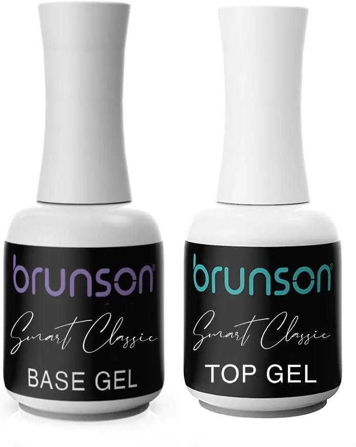 لاک ژل ناخن برونسون، ست دو عددی لاک ژل 18 میلی لیتری، لاک ژل پایه و رویه شفاف، لاک ژل رویه بدون نیاز به تمیز کردن LED/UV، ست لاک ژل پایه لاستیکی