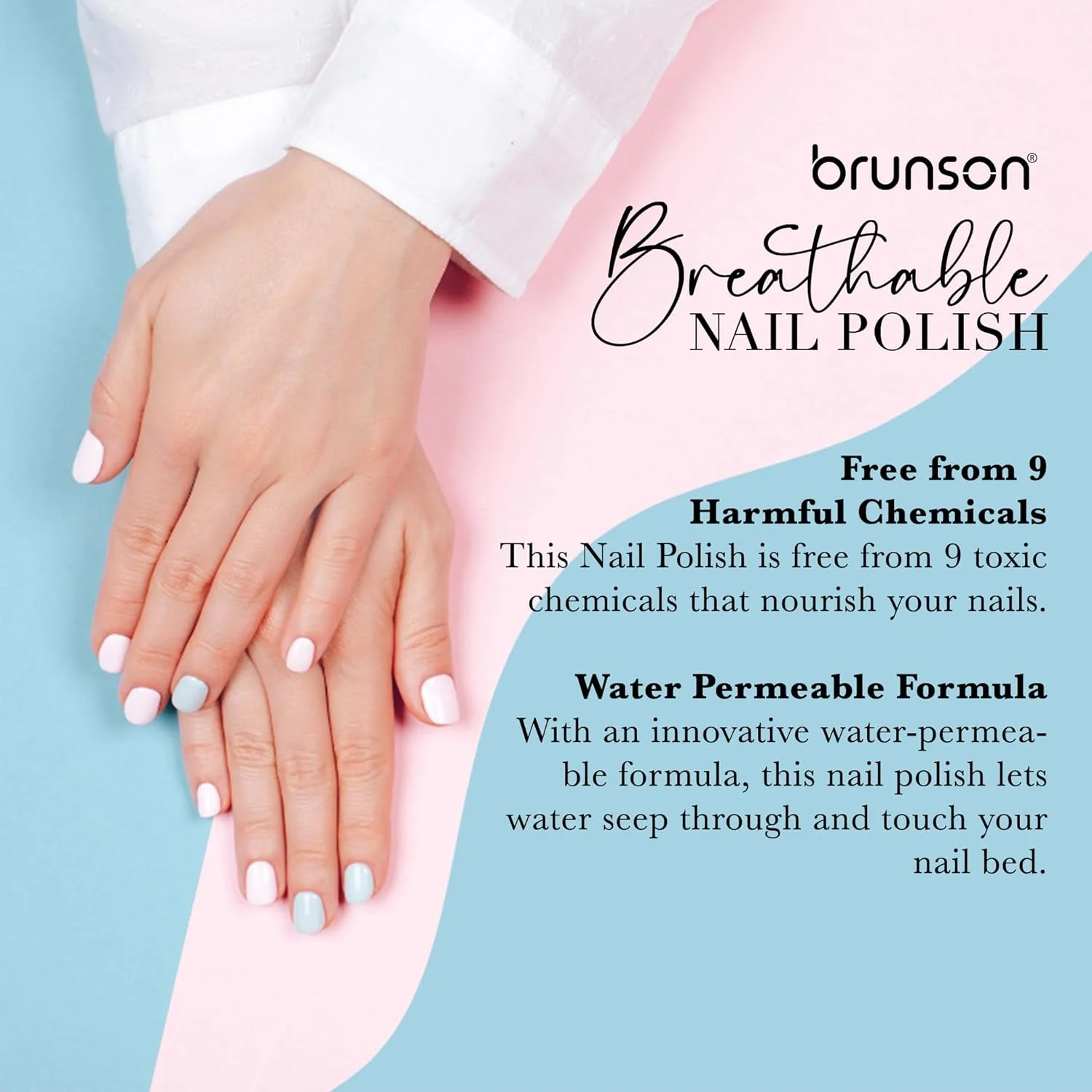 لاک ناخن قابل تنفس برونسون، لاک ناخن دوستدار وضو، خشک شدن سریع، وگان، ماندگاری طولانی اما جدا شدن آسان و سازگار با محیط زیست، براق، پایه آب، 18 میلی لیتر BH129