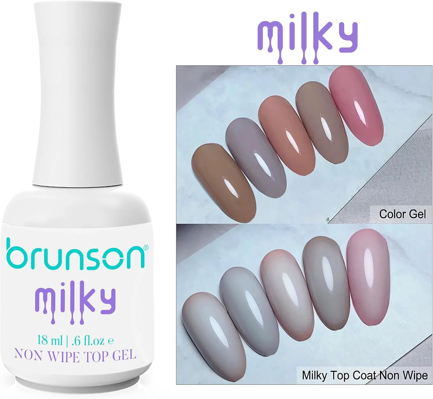 لاک ژل تاپ کت شیری برانسون، ۱۸ میلی لیتر، لاک ژل تاپ کت بدون نیاز به پاک کردن، قابل استفاده با LED/UV، ست لاک ژل