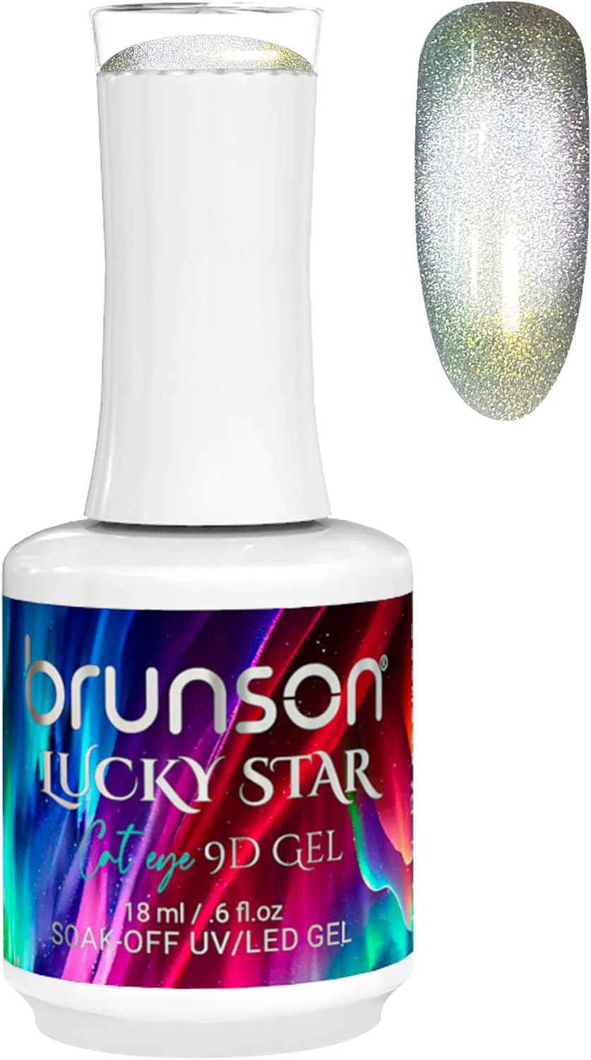 لاک ژل ناخن چشم گربه ای نه بعدی ستاره خوش شانس Brunson حجم 18 میلی لیتر - براق کننده هولوگرافیک، لاک ژل با ماندگاری طولانی، ژل خیساندنی UV/LED با کیفیت سالن برای استفاده آسان در طراحی ناخن (SF-A-BLS9D04, 18)
