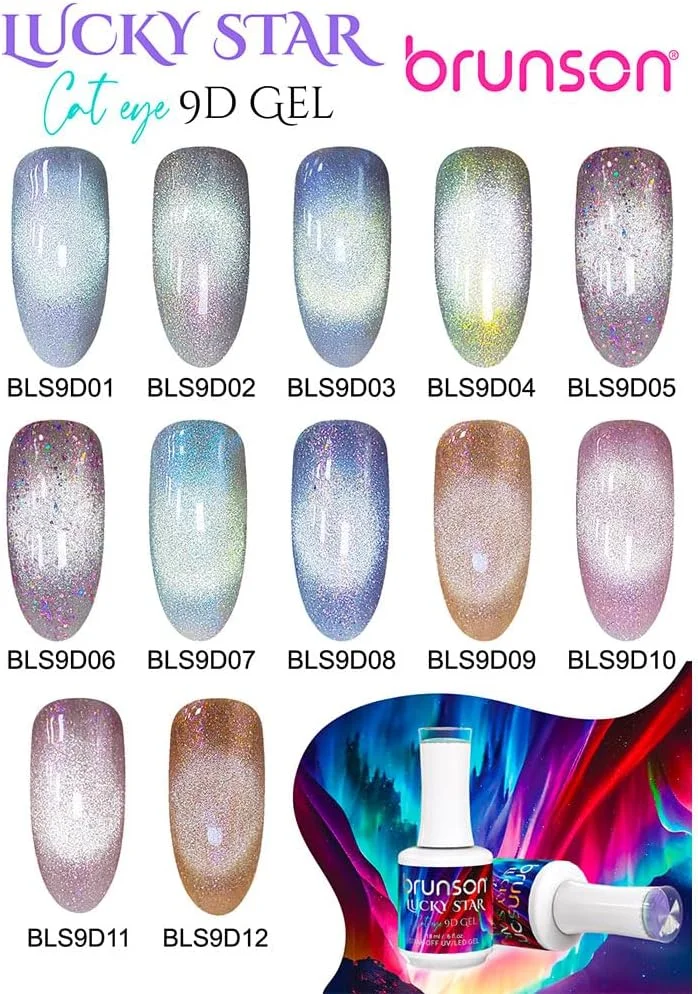 لاک ژل ناخن چشم گربه ای نه بعدی ستاره خوش شانس برونسون 18 میلی لیتر - براق کننده هولوگرافیک، لاک ژل بادوام، ژل خیساندنی UV/LED با کیفیت سالن برای استفاده آسان از هنر ناخن (SF-A-BLS9D11, 18)