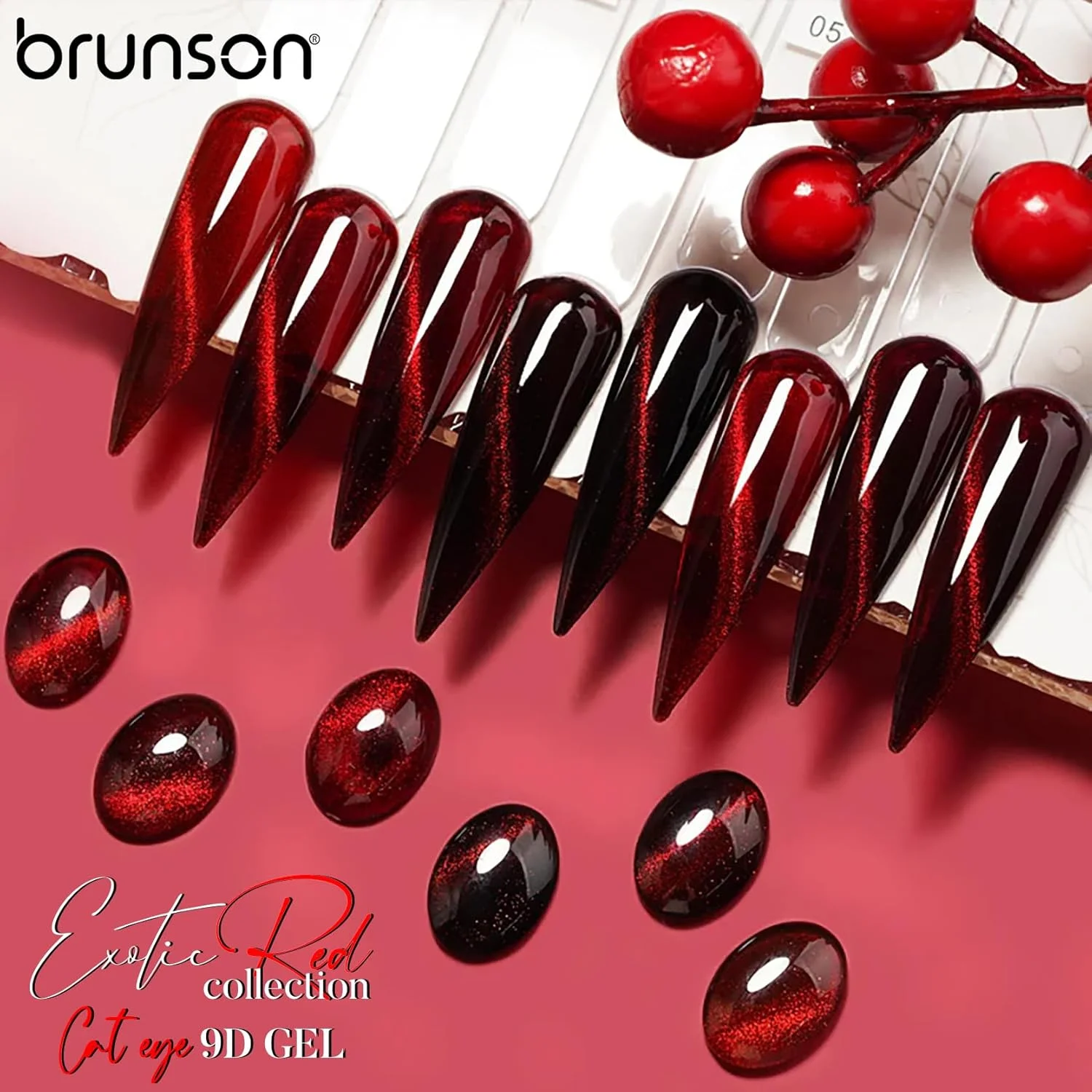 لاک ژل ناخن 15 میل Brunson مدل چشم گربه ای، قرمز اگزوتیک، ژل مغناطیسی Soak-Off با اکلیل بازتابنده، لاک UV LED با ماندگاری بالا و درخشش زیاد برای طراحی ناخن، مانیکور، استفاده خانگی یا سالن (SF-A-1-BER9D08, 15)