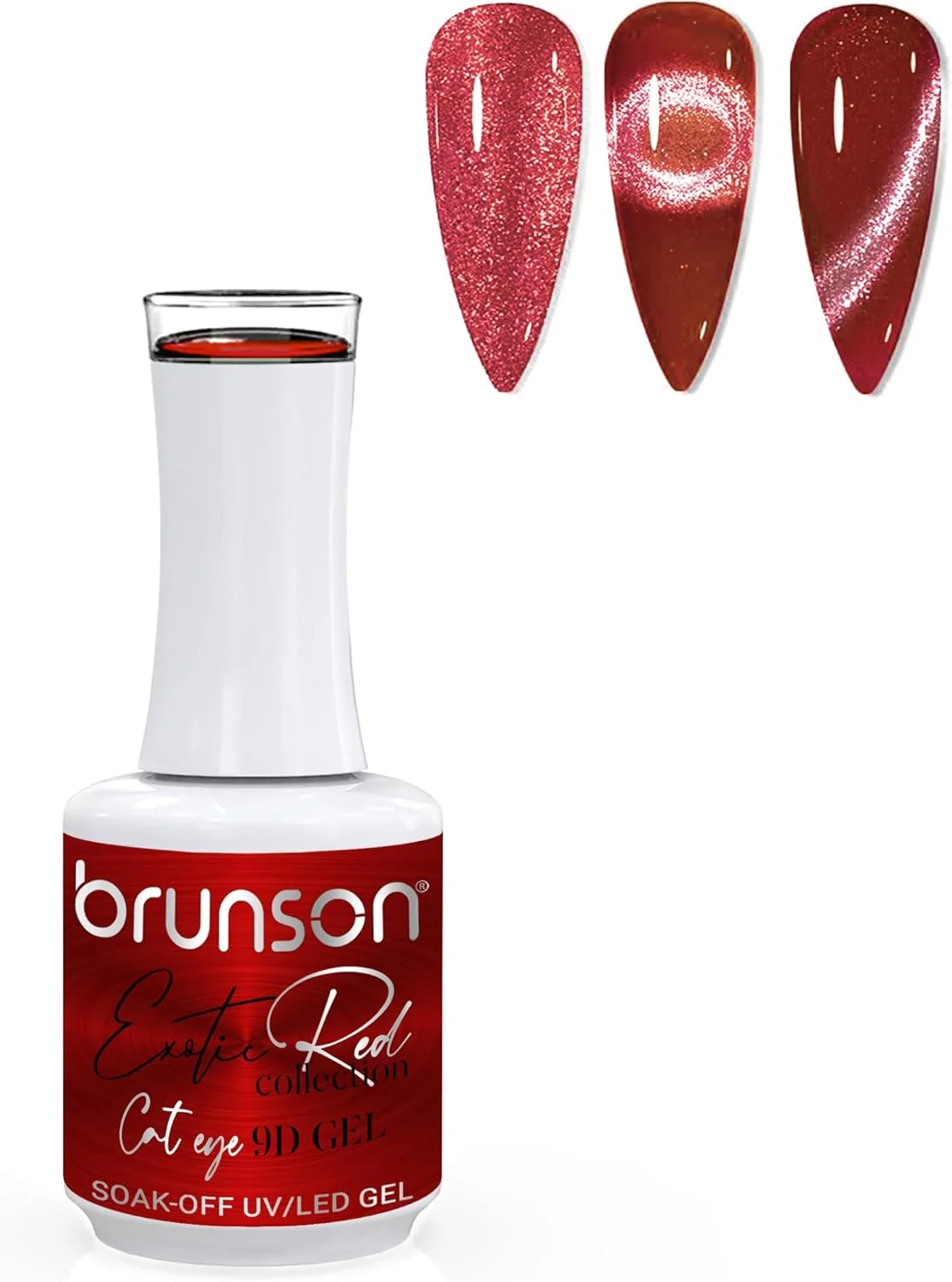 لاک ژل ناخن 15 میل Brunson مدل چشم گربه ای، قرمز اگزوتیک، ژل مغناطیسی با قابلیت خیساندن، دارای اکلیل بازتابنده، لاک ژل UV LED با ماندگاری بالا و درخشش زیاد برای طراحی ناخن، مانیکور، استفاده خانگی یا سالن (SF-A-1-BER9D10, 15)