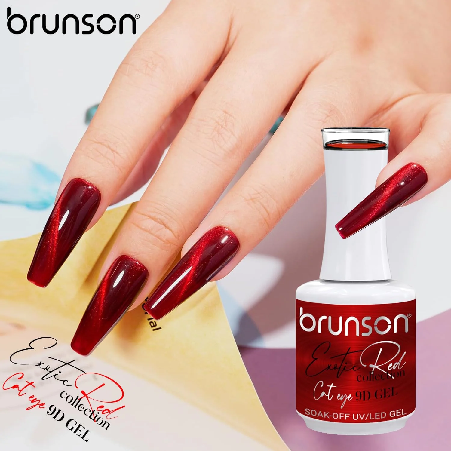 لاک ژل ناخن 15 میل براق کننده چشم گربه ای برونسون، قرمز اگزوتیک، ژل مغناطیسی خیس کننده با اکلیل بازتابنده، لاک یو وی ال ای دی با ماندگاری بالا برای طراحی ناخن، مانیکور، استفاده خانگی یا سالن (SF-A-1-BER9D04, 15)