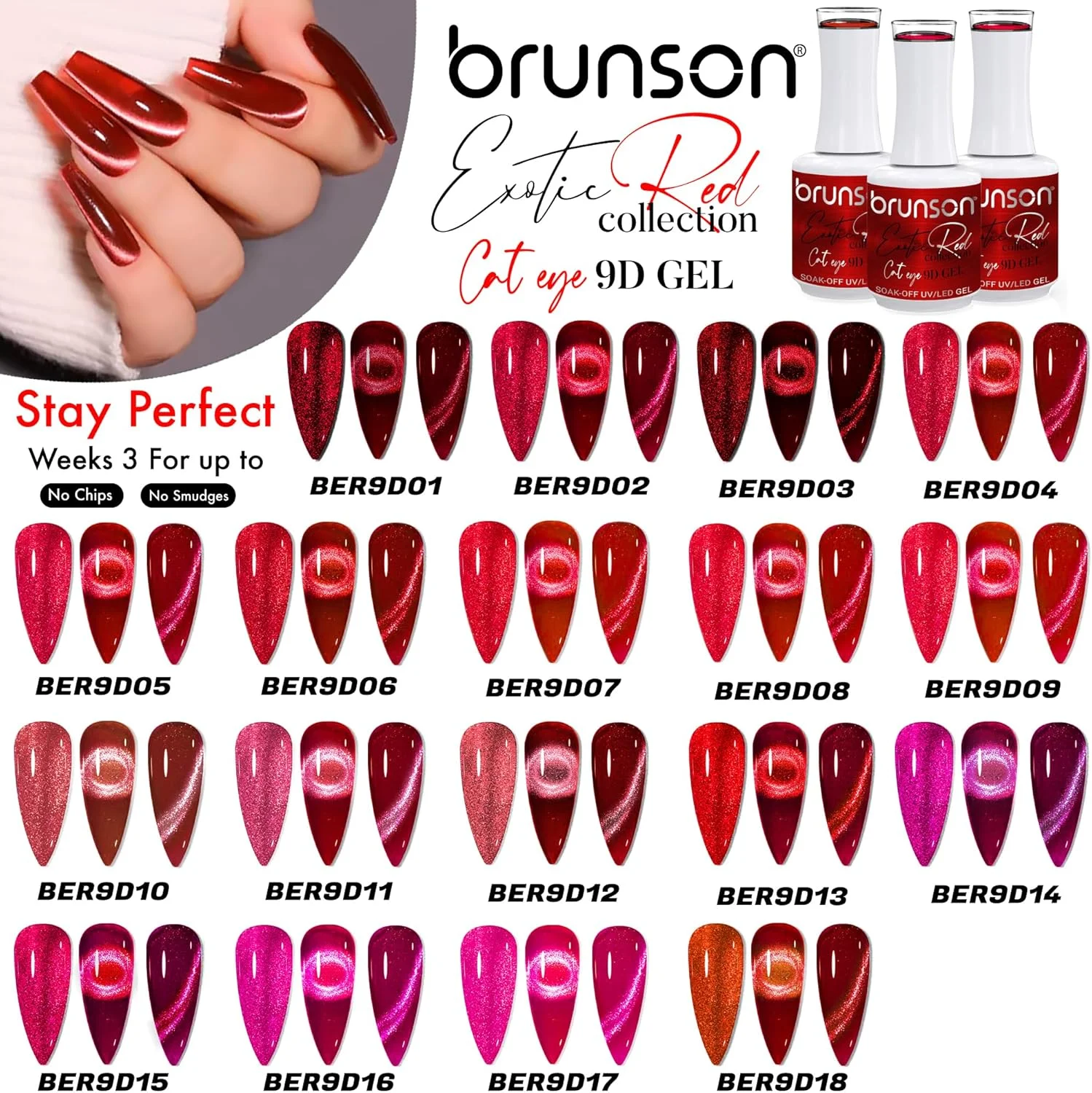 لاک ژل ناخن 15 میل براق کننده چشم گربه ای برونسون، قرمز اگزوتیک، ژل مغناطیسی خیس شونده با اکلیل بازتابنده، لاک UV LED با ماندگاری بالا و درخشش زیاد برای طراحی ناخن، مانیکور، استفاده خانگی یا سالن (SF-A-1-BER9D06, 15)