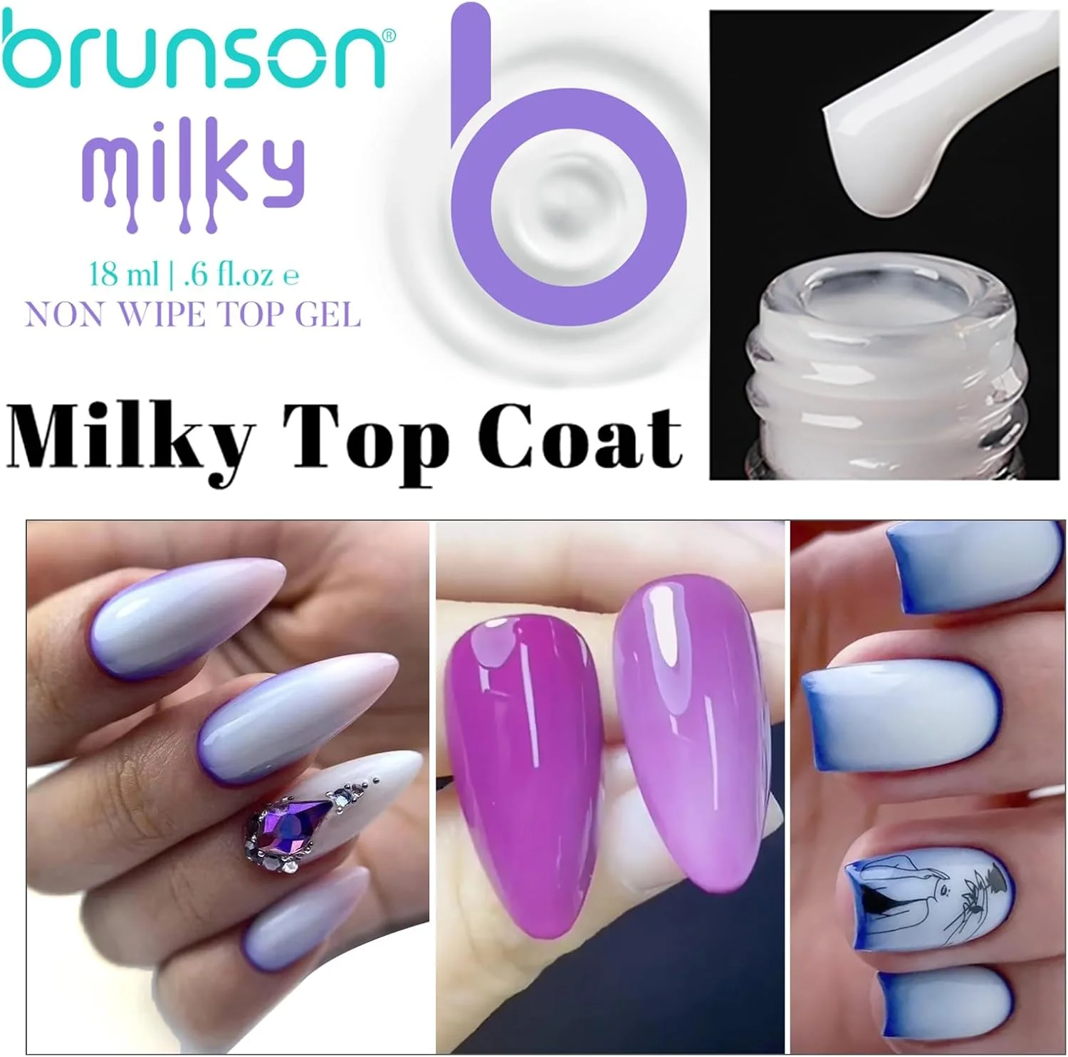 لاک ژل تاپ کت Brunson - تاپ کت ژل بدون نیاز به دستمال، براق شیری، لاک ژل خیساندنی خشک شونده با UV LED، لاک ناخن براق ماندگار 18 میلی لیتر