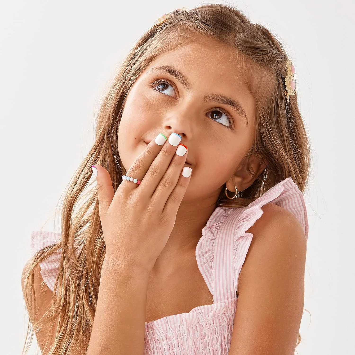 کاشت ناخن مصنوعی کوچک با چسب فشاری برای کودکان - مدل 'French Pop' - ست هنر ناخن مبتدی با سوهان ناخن و 20 ناخن مصنوعی