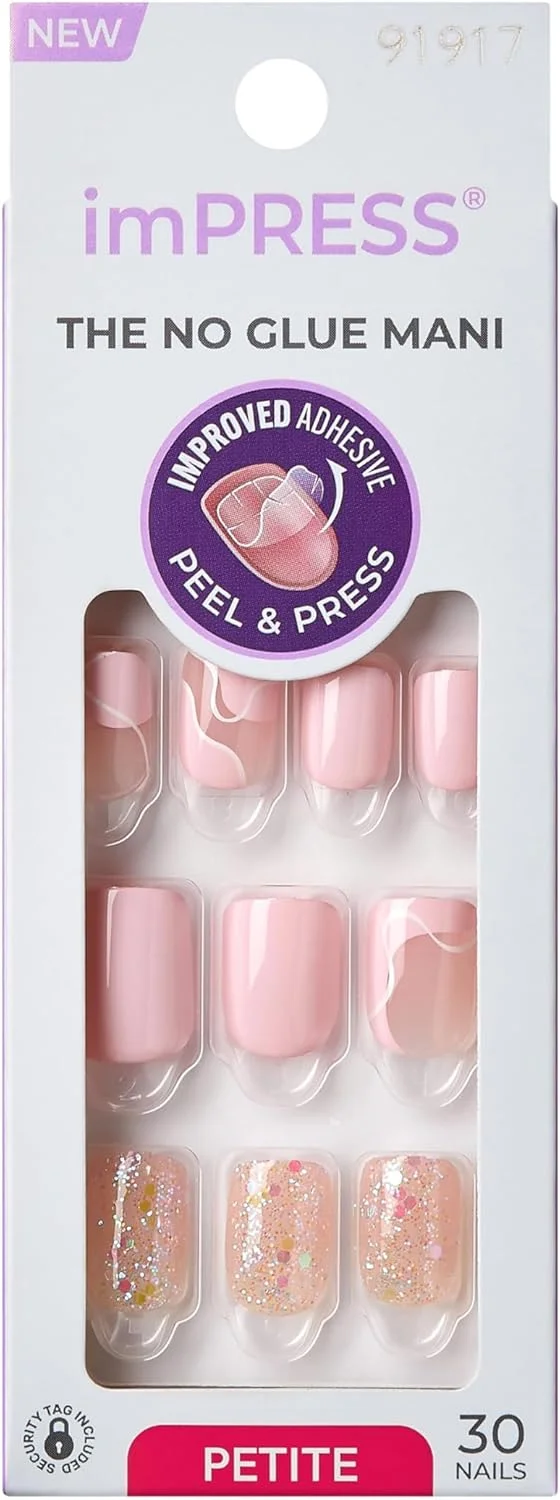 ناخن مصنوعی چسبی KISS imPRESS، طرح 'این حس'، صورتی روشن، سایز کوچک، فرم بیضی-مربع، شامل 30 ناخن، پد آماده سازی، برگه راهنما، 1 چوب مانیکور، 1 سوهان کوچک