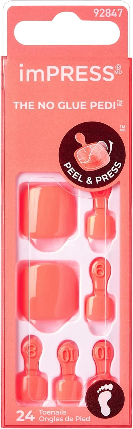 ناخن مصنوعی پدی بدون چسب KISS imPRESS، طرح 'Shell Yeah'، نارنجی متوسط، سایز کوتاه، فرم بیضی-مربع، شامل 24 ناخن، پد آماده سازی، برگه راهنما، 1 چوب مانیکور، 1 سوهان کوچک