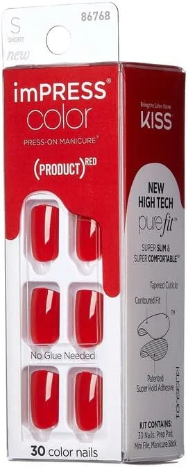 ناخن مصنوعی چسبی imPRESS KISS (محصول)، رنگ قرمز، مدل 'Red Impact'، ناخن های قرمز یکدست، طول کوتاه و فرم مربعی، پد آماده سازی، سوهان ناخن کوچک، چوب مانیکور و 30 عدد ناخن مصنوعی