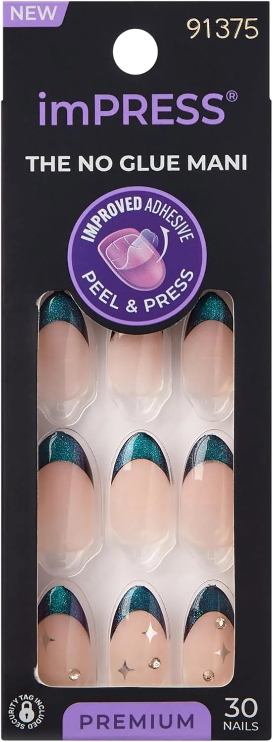 ناخن مصنوعی چسبی imPRESS Kiss، طرح "Visions"، سبز، متوسط، فرم بادامی، شامل 30 ناخن، پد تمیز کننده، برگه راهنما، 1 میله مانیکور، 1 سوهان کوچک